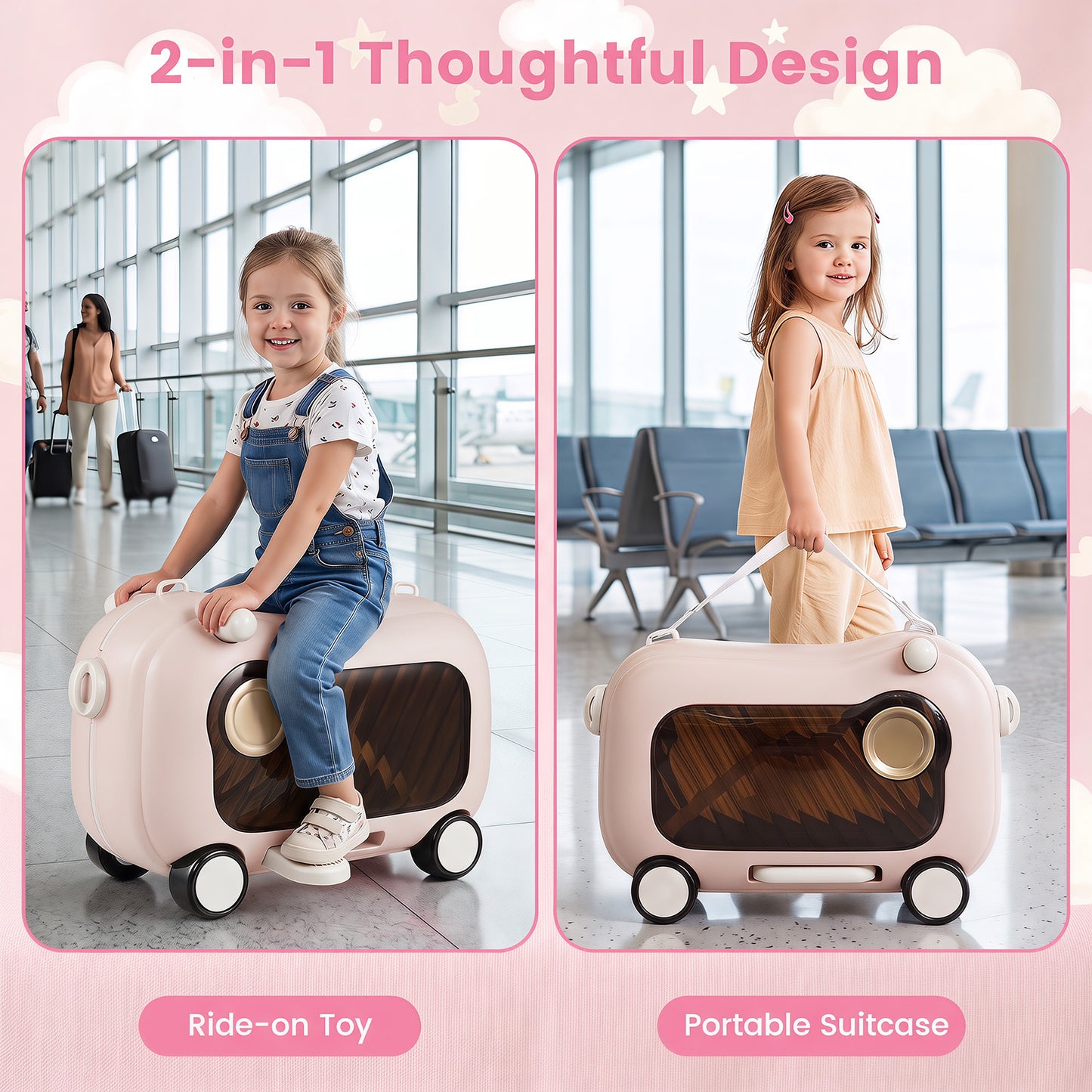 2-in-1 Ride-on Luggage for with Retractable Pedal and Strap for Ages 2+ Kids-Pink