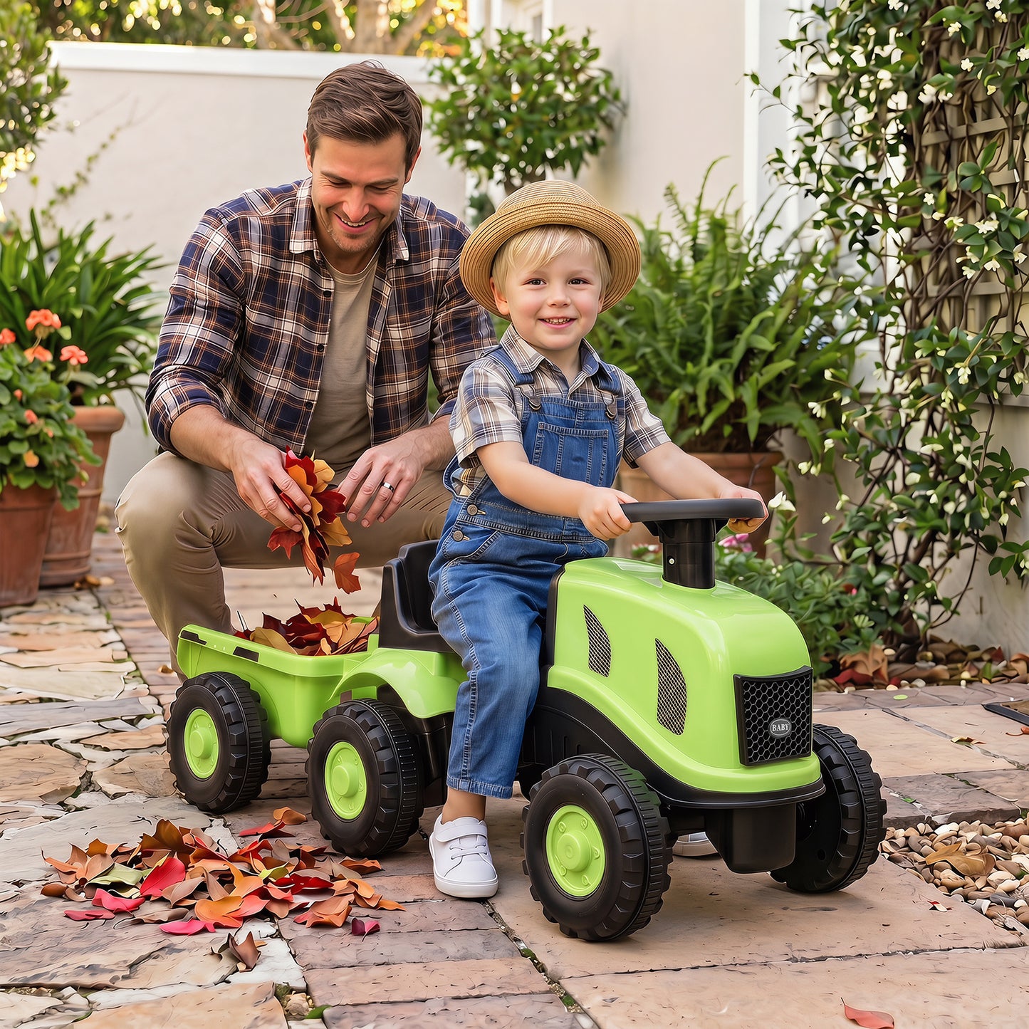 2-in-1 Ride on Tractor with Detachable Trailer Foot-to-Floor Sliding Car with Air Horn-Green
