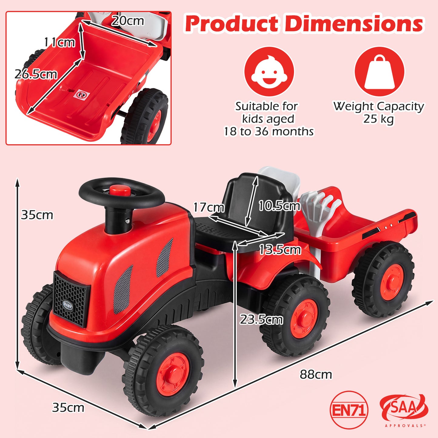 2-in-1 Ride on Tractor with Detachable Trailer Foot-to-Floor Sliding Car with Air Horn-Red