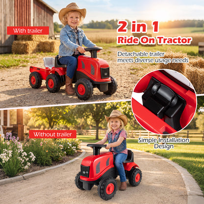 2-in-1 Ride on Tractor with Detachable Trailer Foot-to-Floor Sliding Car with Air Horn-Red