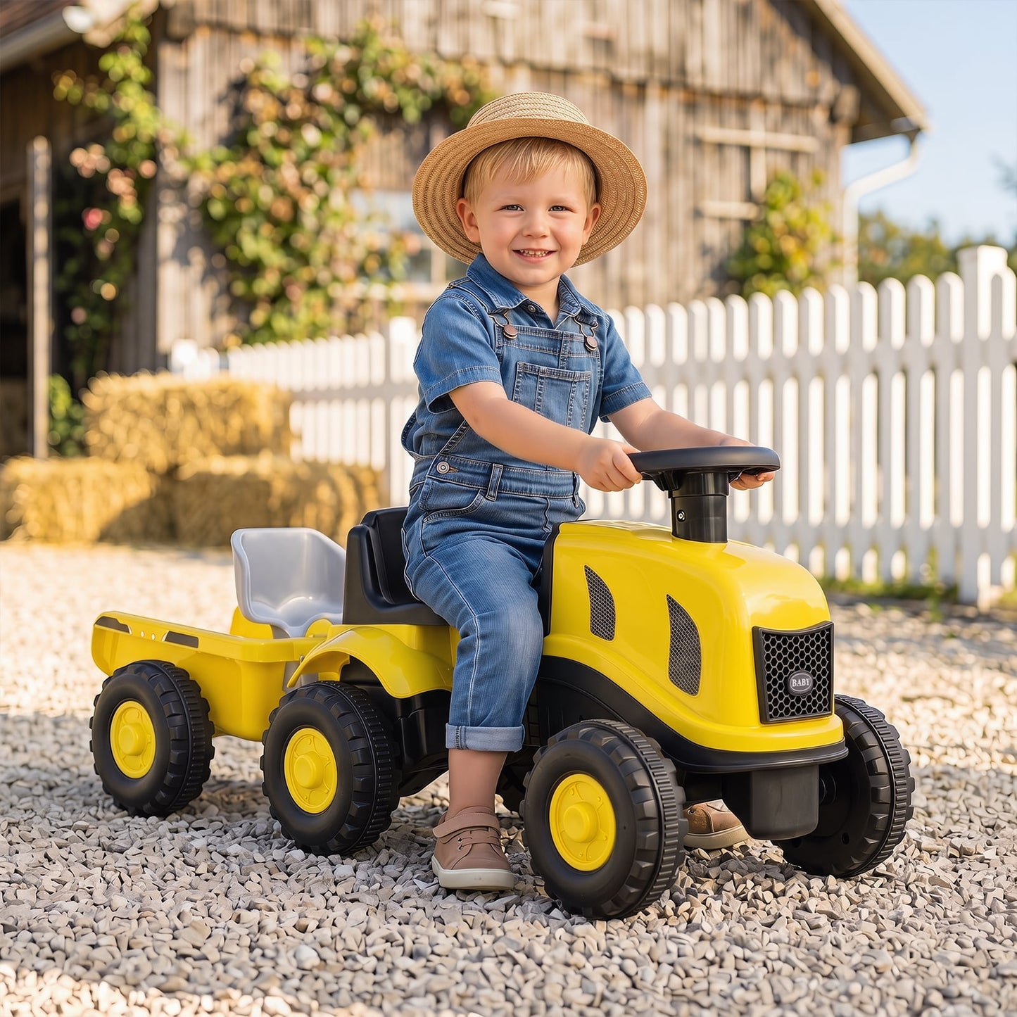 2-in-1 Ride on Tractor with Detachable Trailer Foot-to-Floor Sliding Car with Air Horn-Yellow