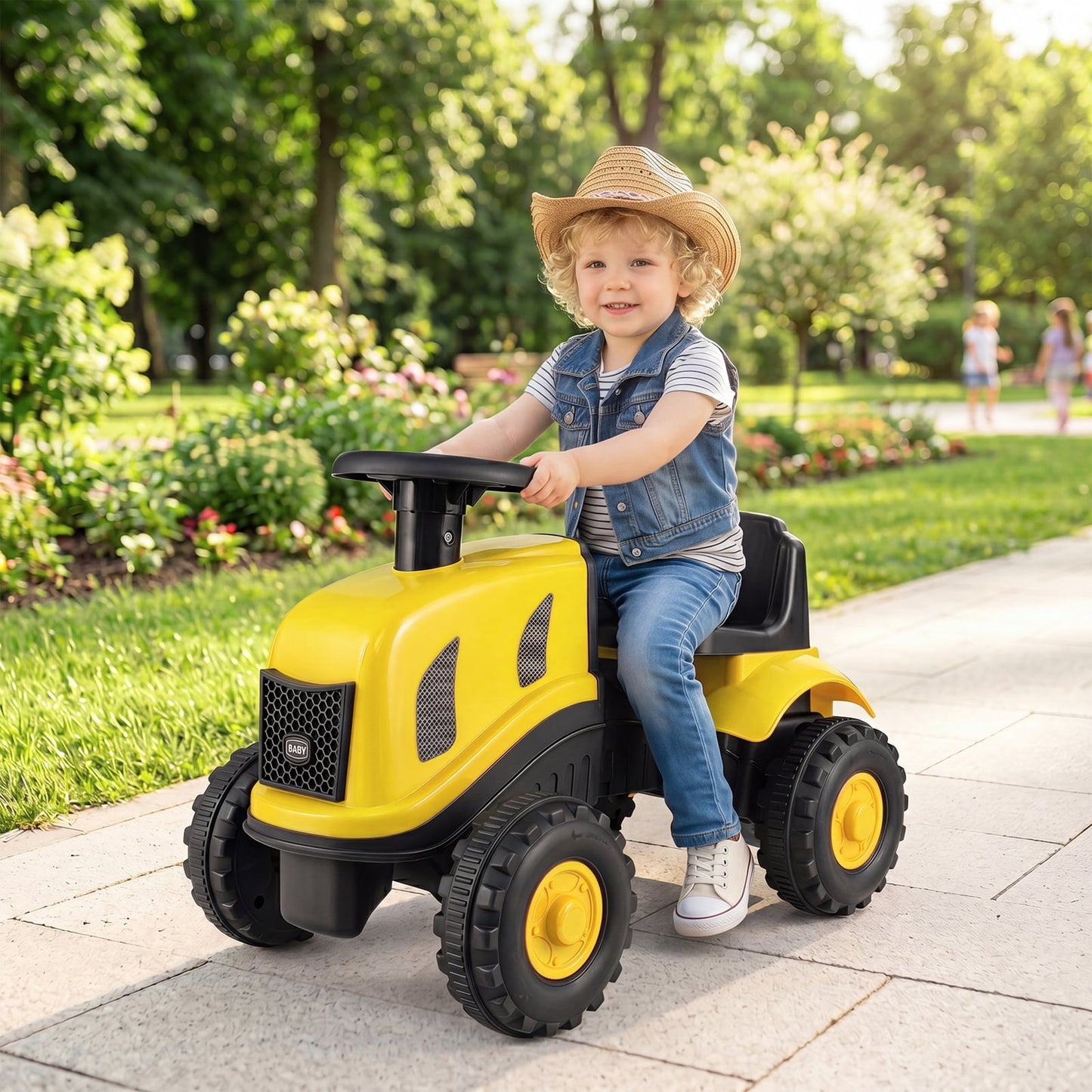 2-in-1 Ride on Tractor with Detachable Trailer Foot-to-Floor Sliding Car with Air Horn-Yellow