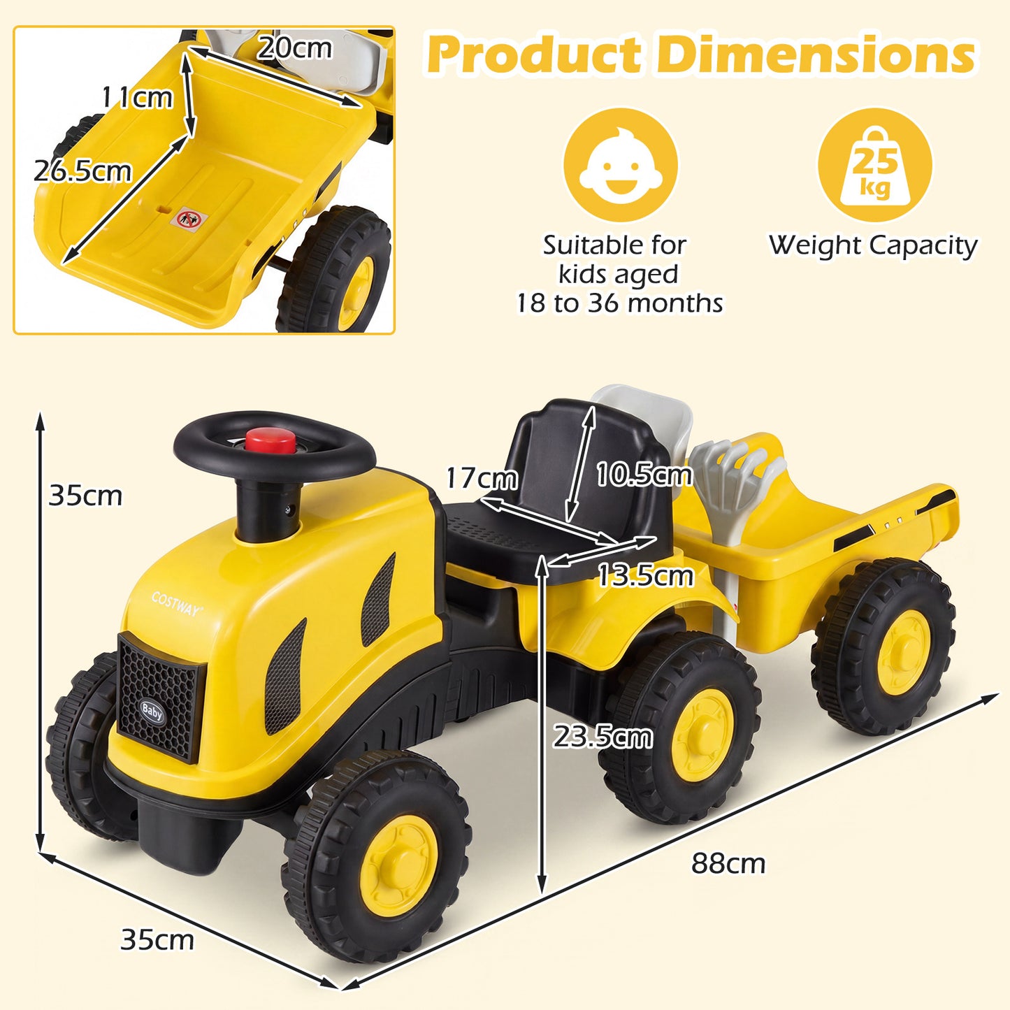 2-in-1 Ride on Tractor with Detachable Trailer Foot-to-Floor Sliding Car with Air Horn-Yellow