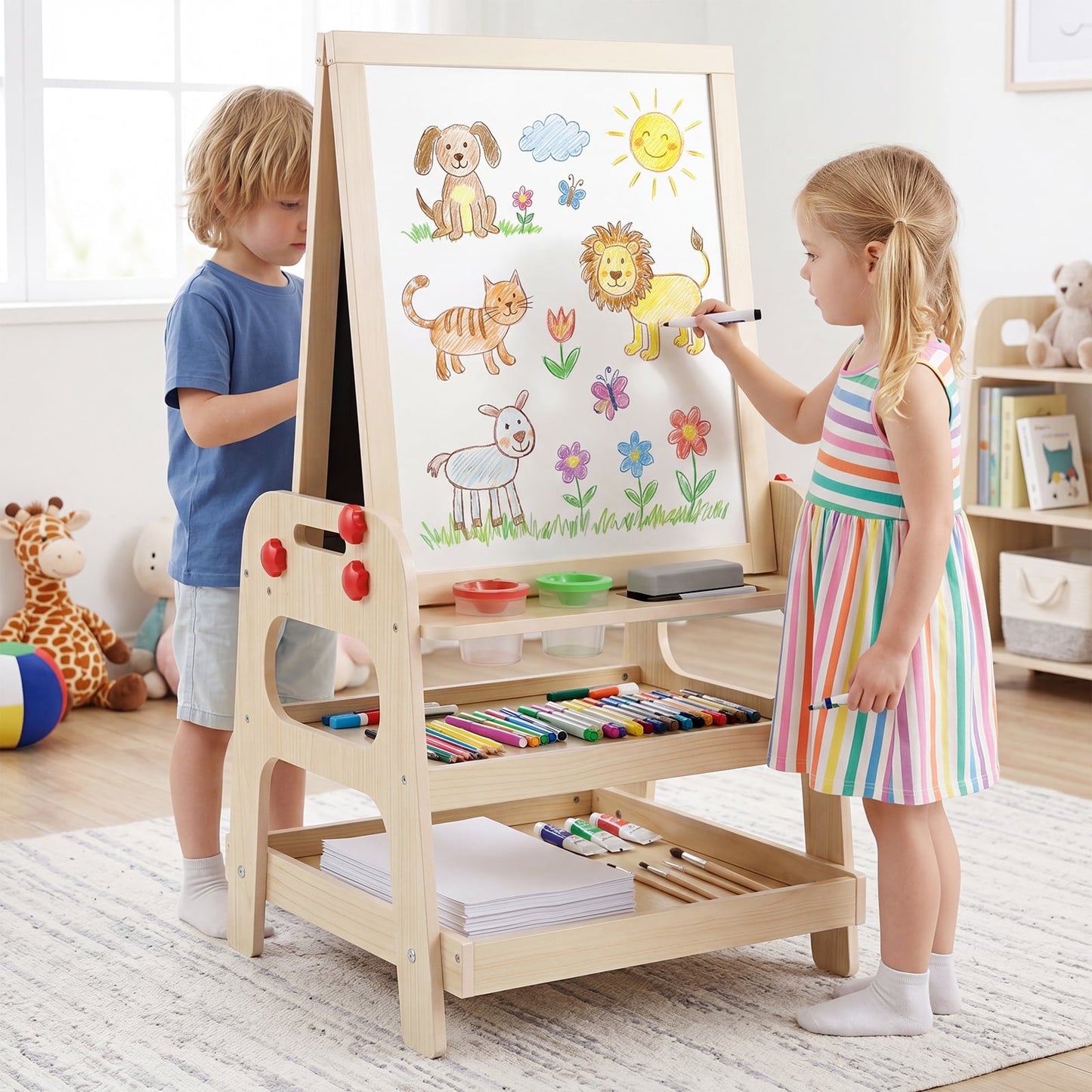 2-in-1 Wooden Easel for Kids with Magnetic Whiteboard and Marble Run Game-Natrual