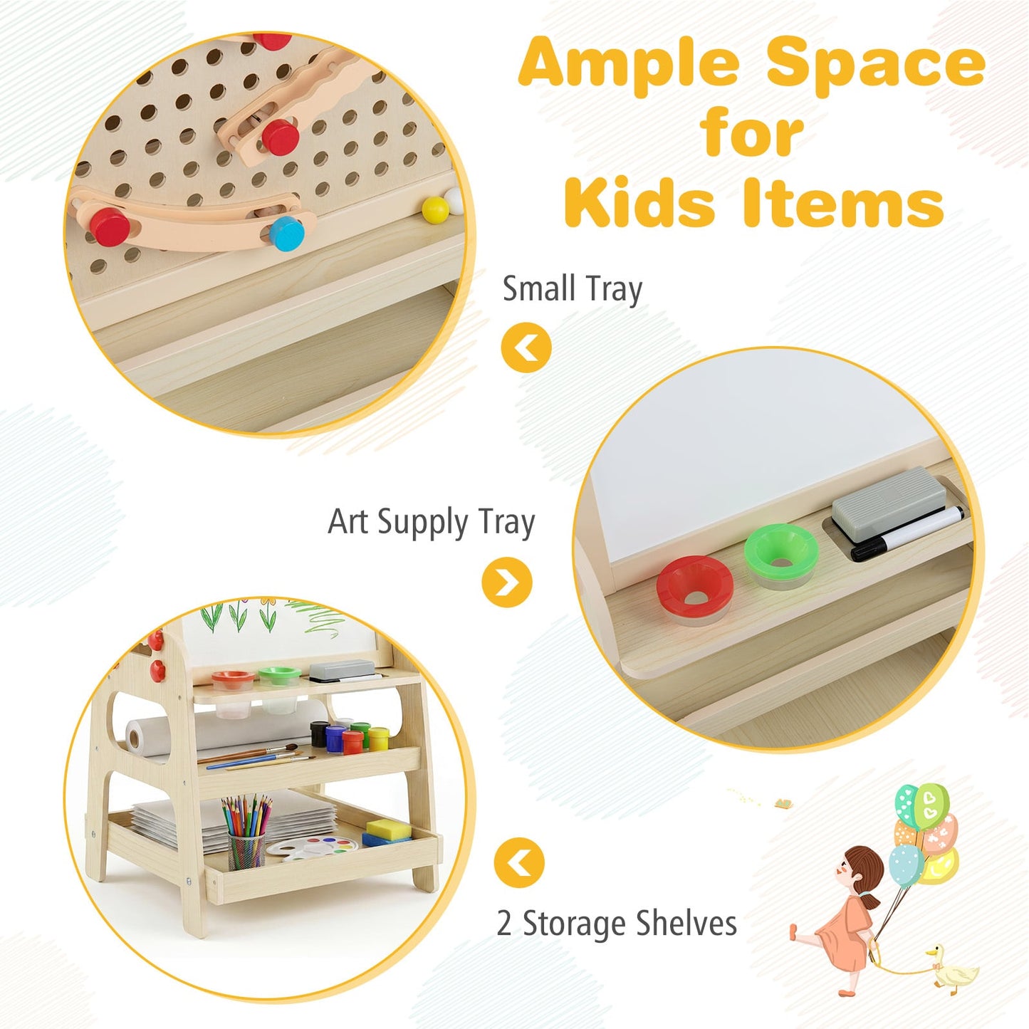 2-in-1 Wooden Easel for Kids with Magnetic Whiteboard and Marble Run Game-Natrual
