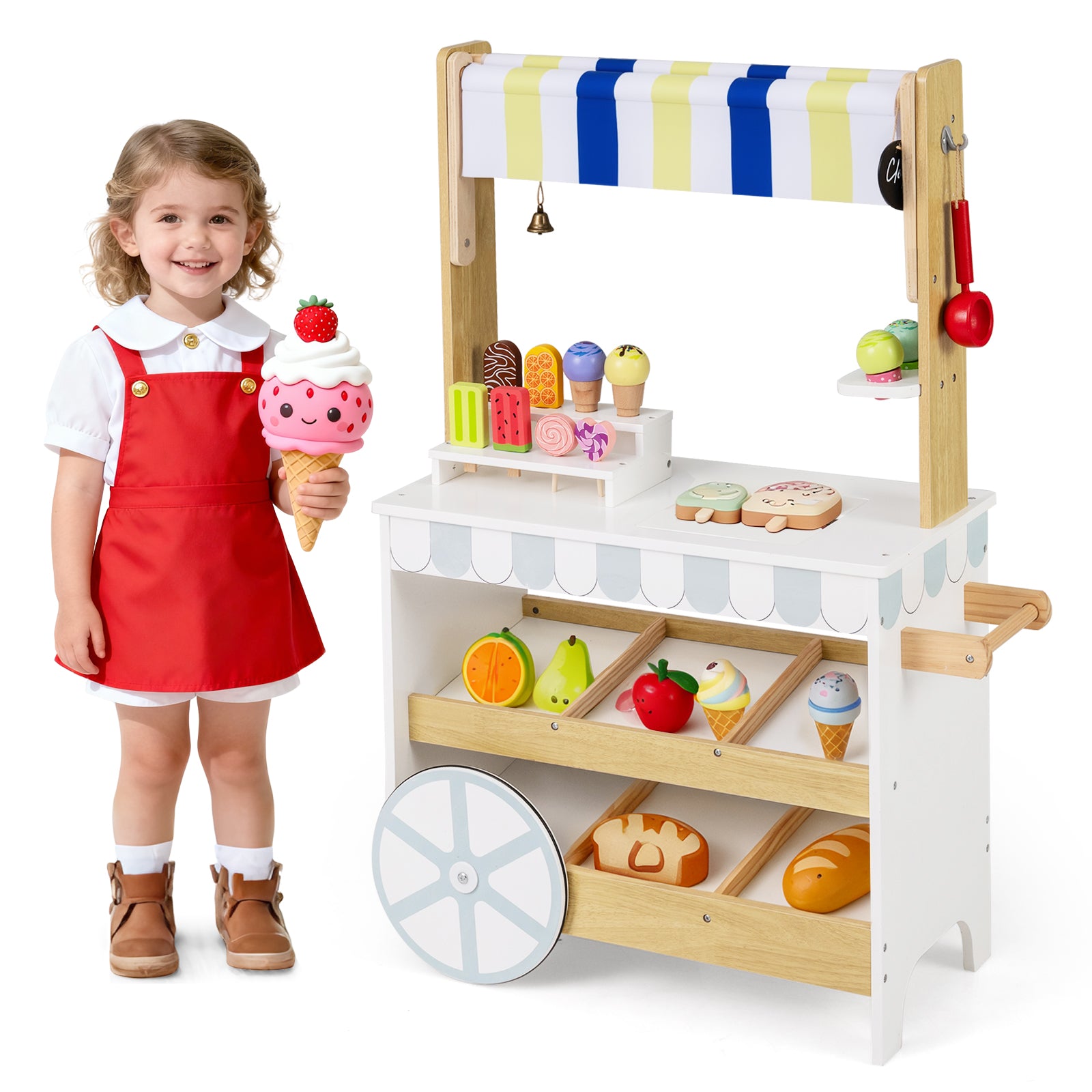2-in-1 Wooden Ice Cream Cart with Display Shelves for Kids 3+ Years Old-White