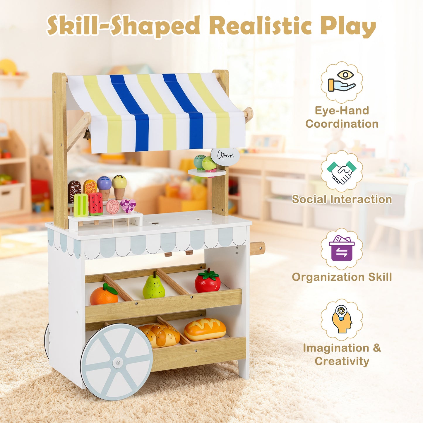 2-in-1 Wooden Ice Cream Cart with Display Shelves for Kids 3+ Years Old-White