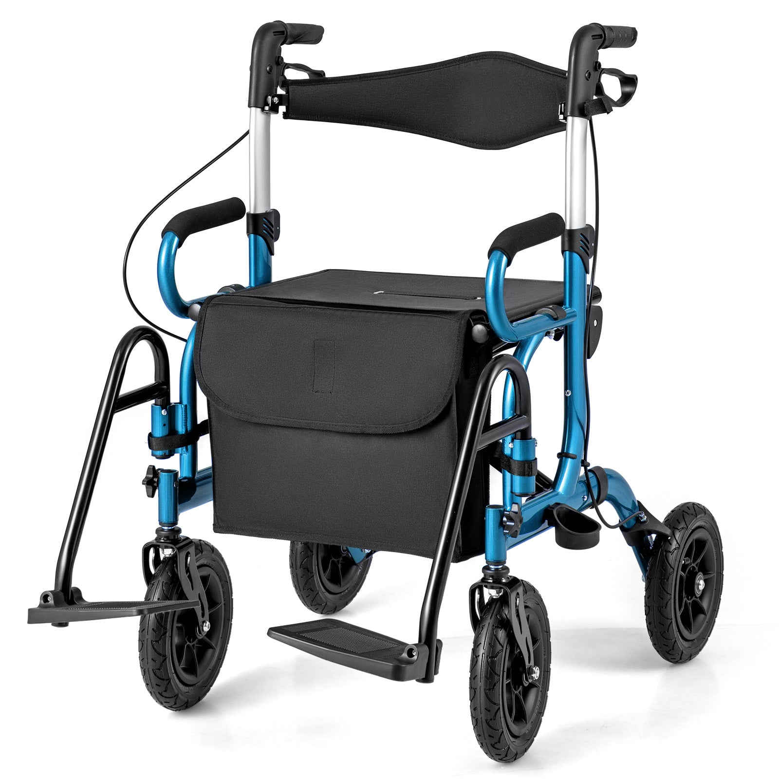 2-in-1 Foldable Rollator Walker with Seat and Pneumatic Tires for All Terrain-Navy