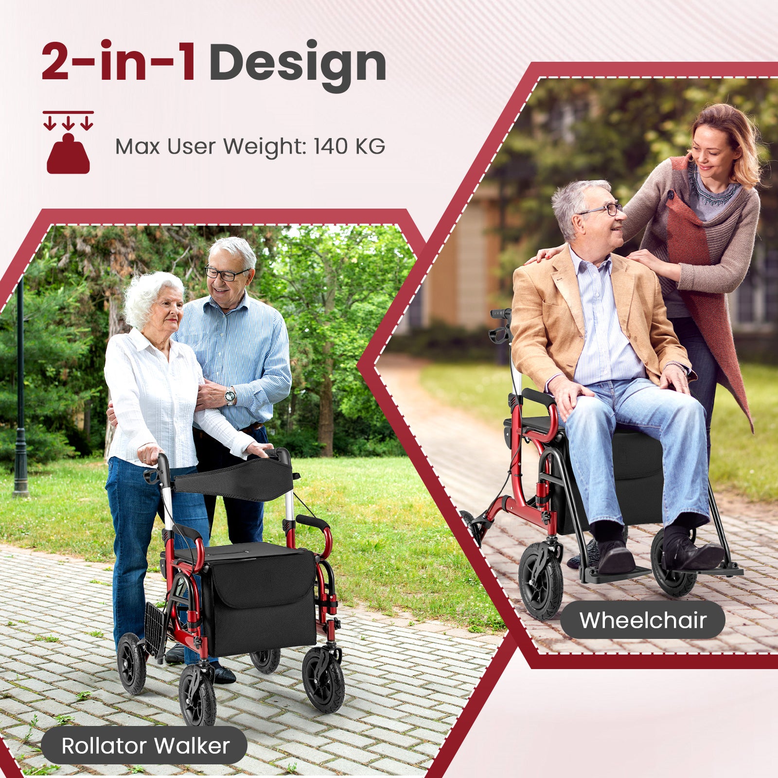 2-in-1 Foldable Rollator Walker with Seat and Pneumatic Tires for All Terrain-Red