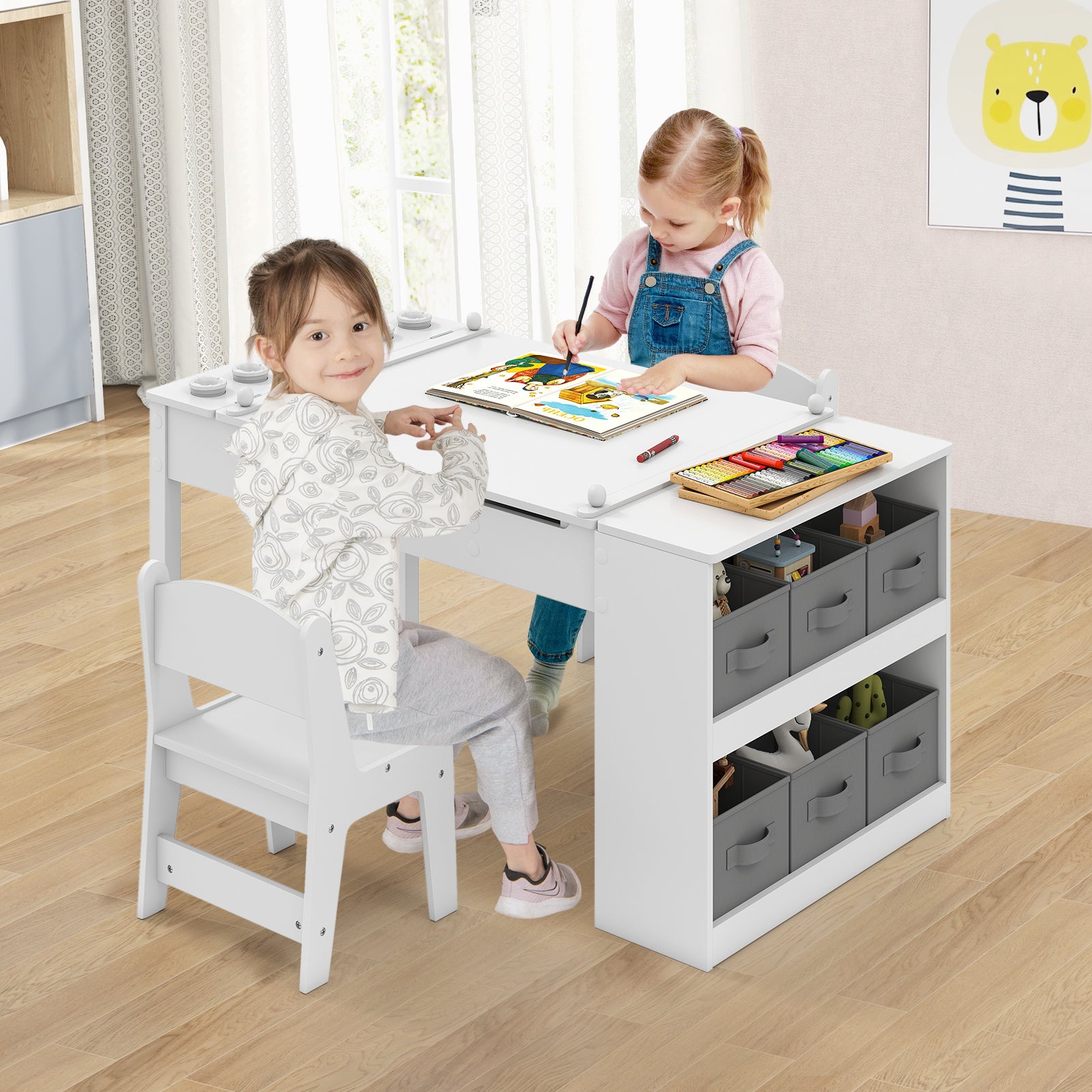 2-in-1 Kids Art Table and Easel Set with Chairs and Liftable Tabletop-White
