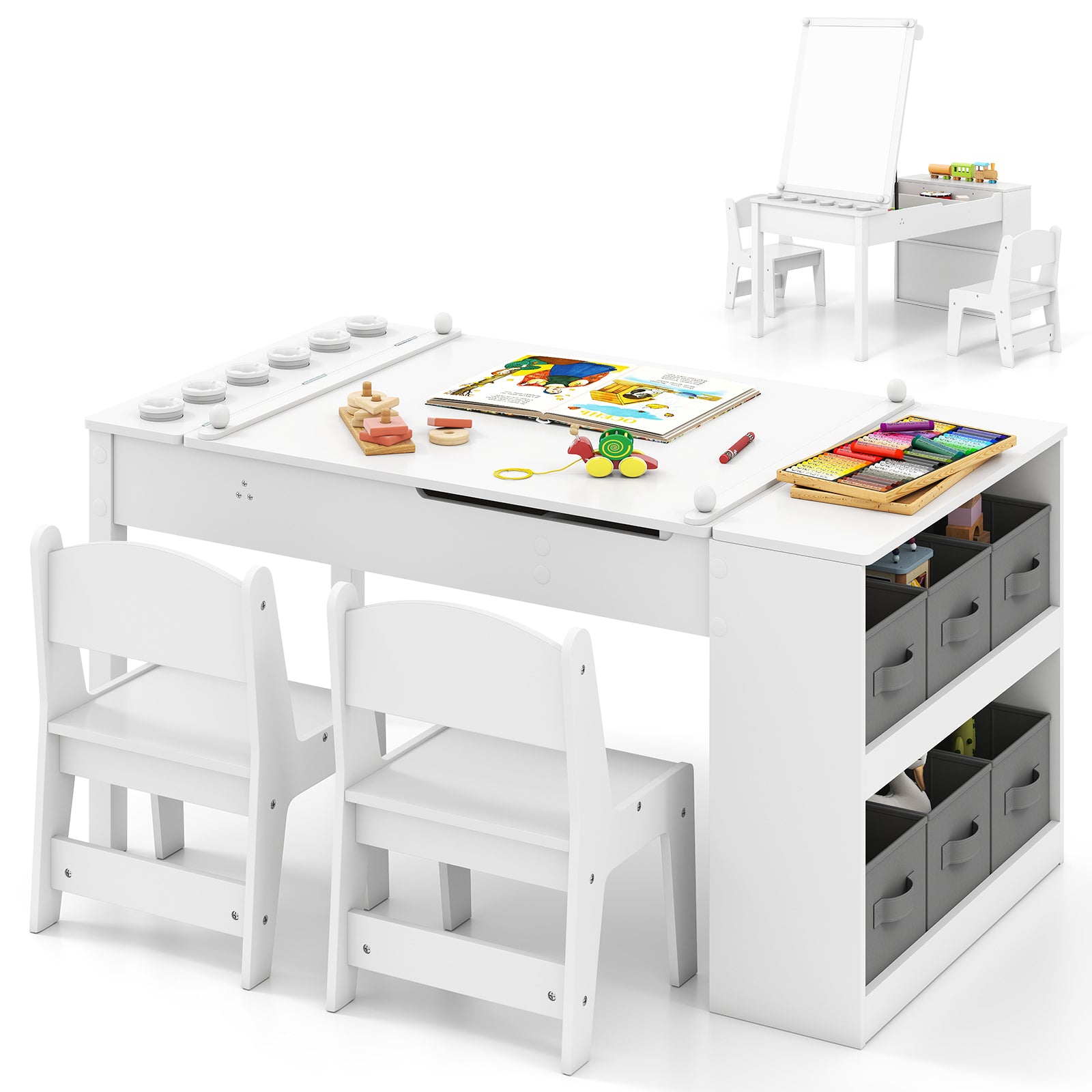 2-in-1 Kids Art Table and Easel Set with Chairs and Liftable Tabletop-White