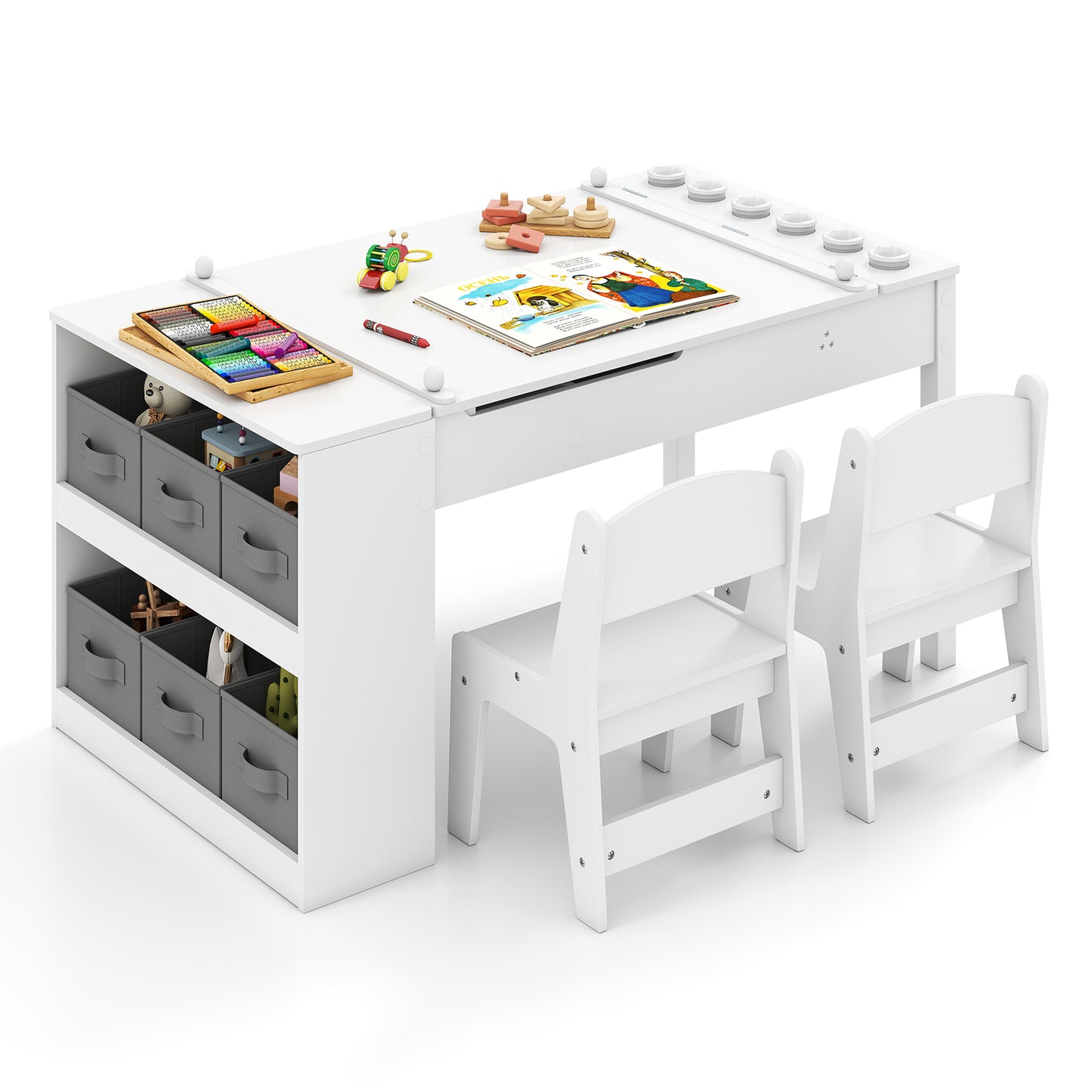 2-in-1 Kids Art Table and Easel Set with Chairs and Liftable Tabletop-White