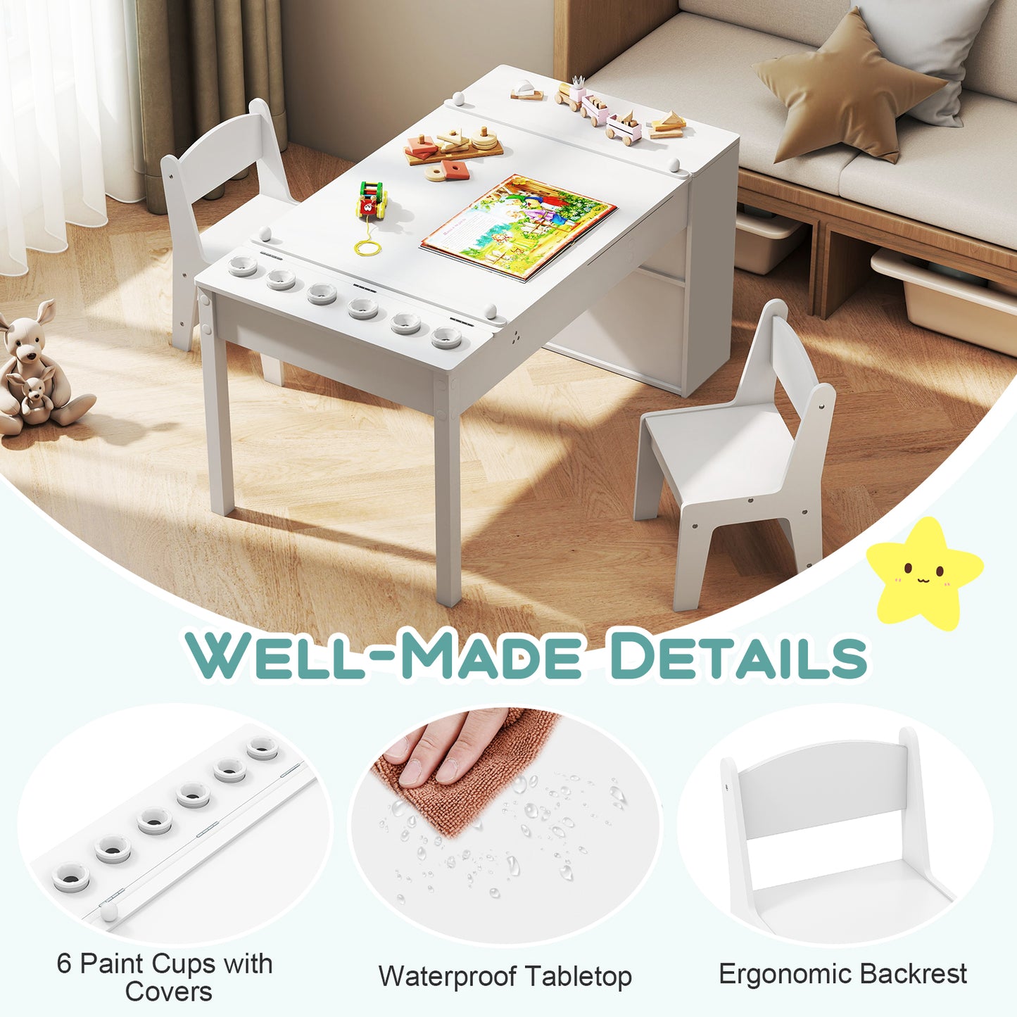 2-in-1 Kids Art Table and Easel Set with Chairs and Liftable Tabletop-White