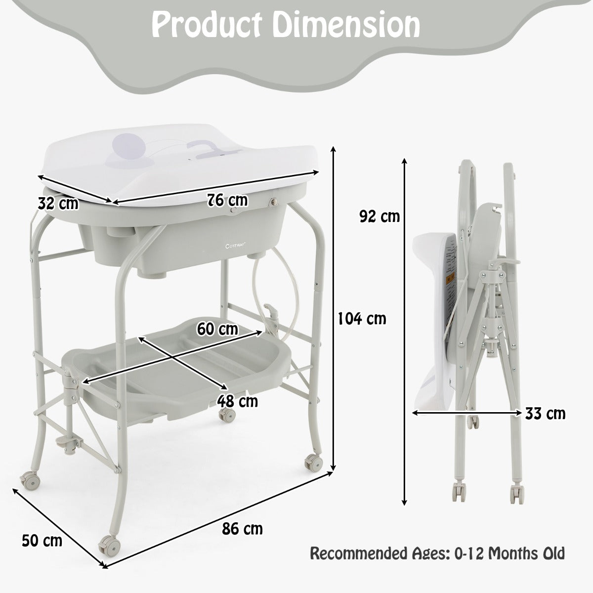 2-in-1 Baby Change Table with Bathtub and Folding Changing Station-Light Grey