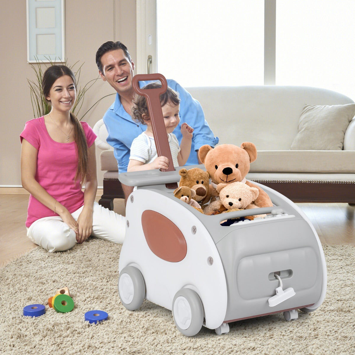 2-In-1 Push and Pull Baby Stroller with Wheels and Foldable Seat-Grey