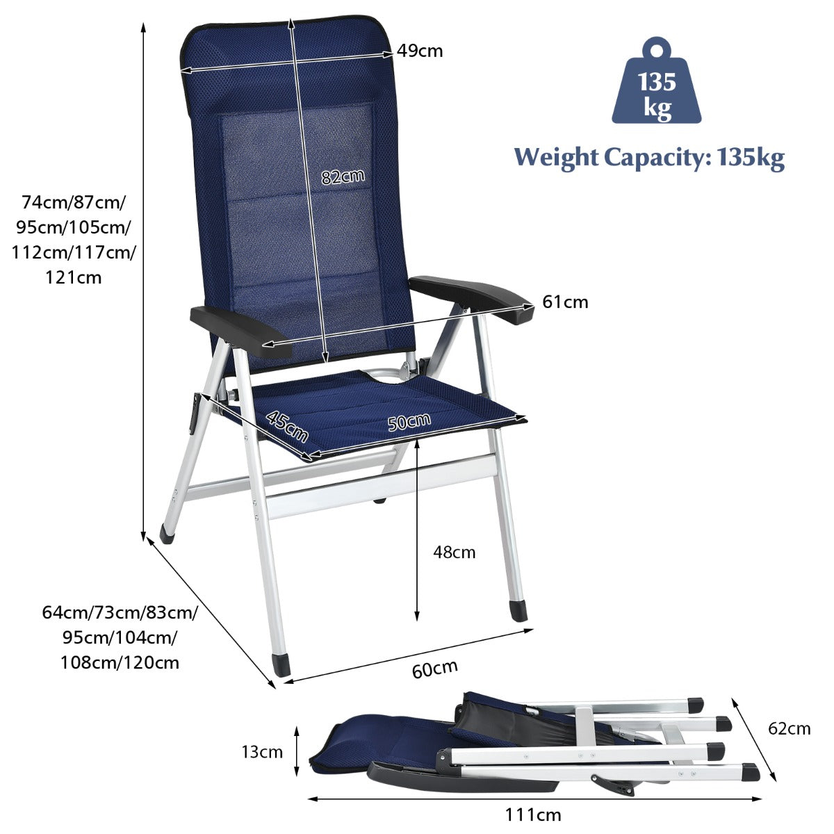2-Piece Patio Portable Folding Lounge Chair with Raised Backrest-Navy