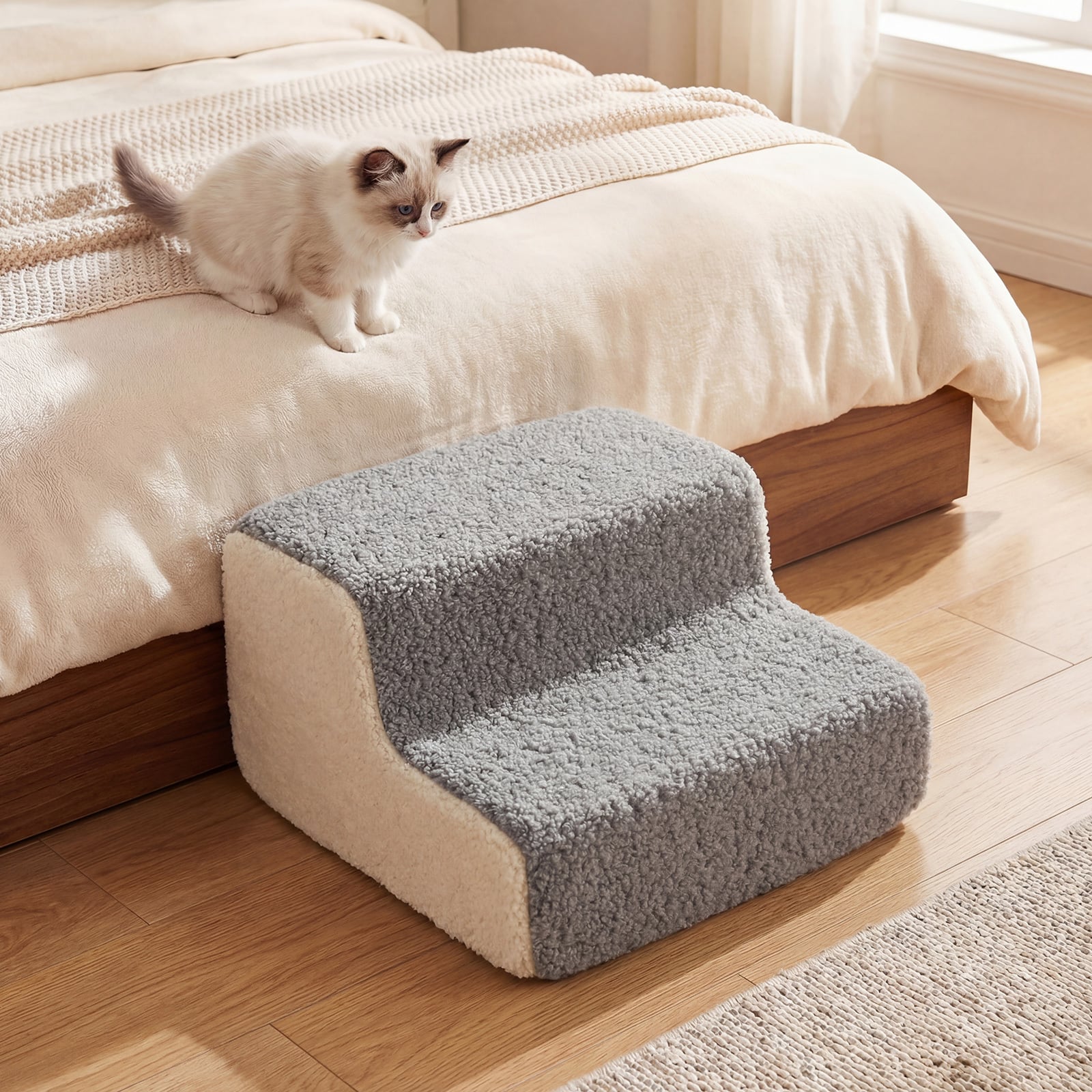 2-tier Foam Dog Ramp High-density Pet Stairs with Non-Slip Bottom-Grey