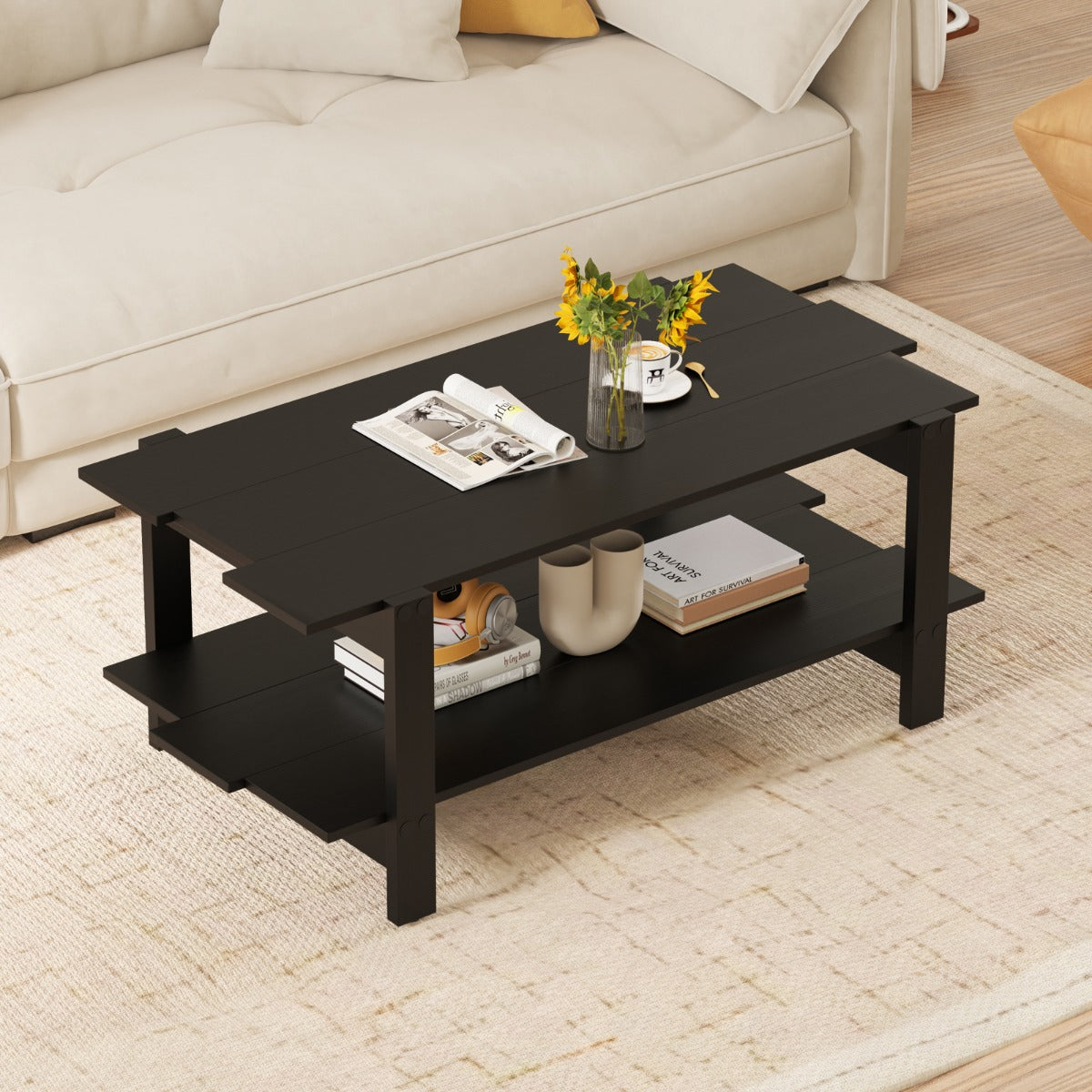 2-Tier Coffee Table with Storage Shelf for Living Room-Black