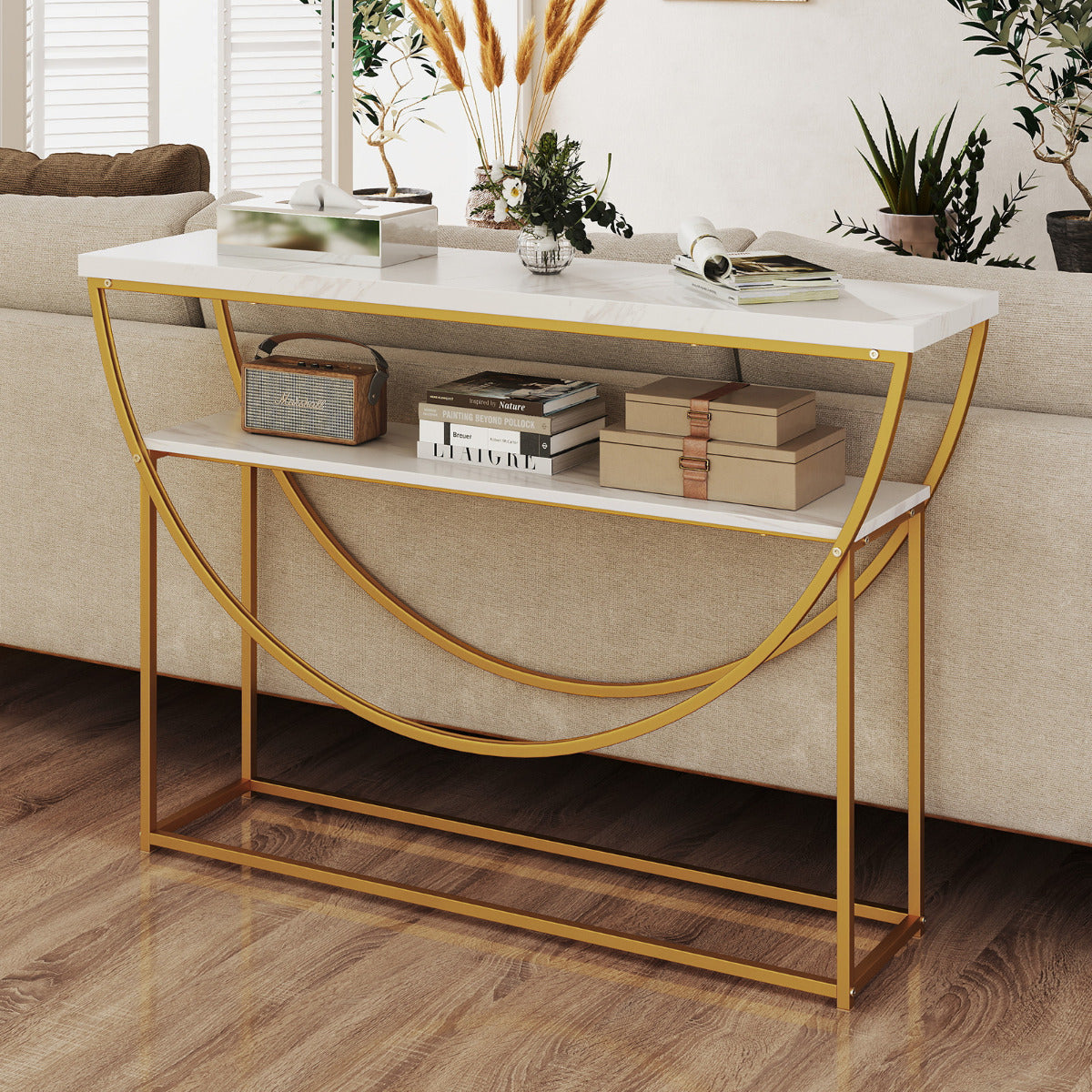 2-Tier Faux Marble Top Console Table with Storage Shelf-White & Golden