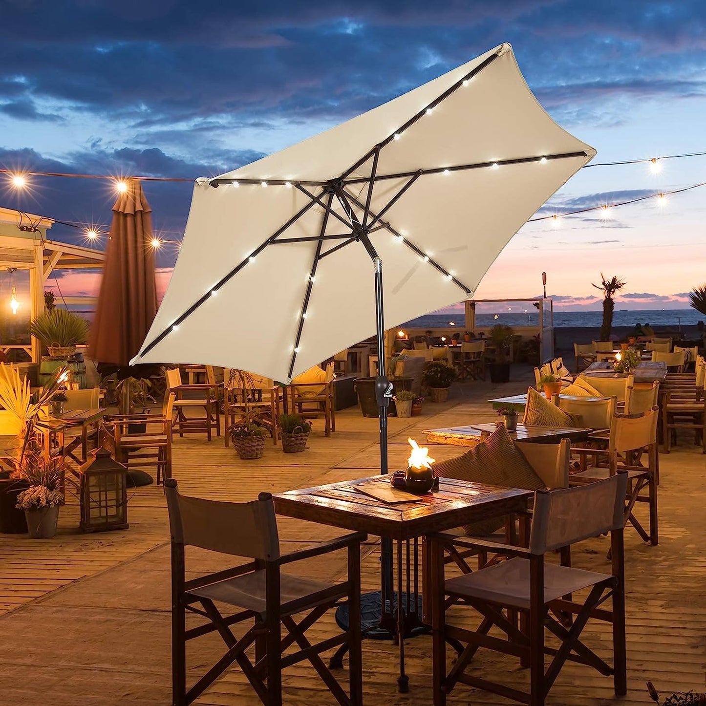 3-Tier Solar Powered LED Lighted Patio Umbrella-Beige