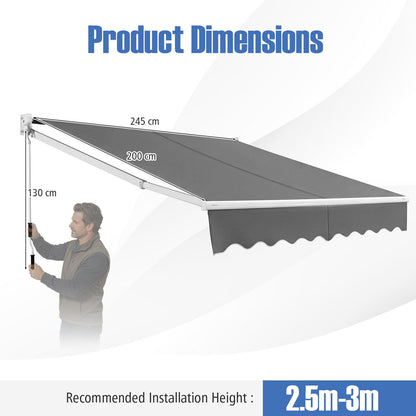 200 x 245cm Manual Retractable Awning with Adjustable Angle-Grey