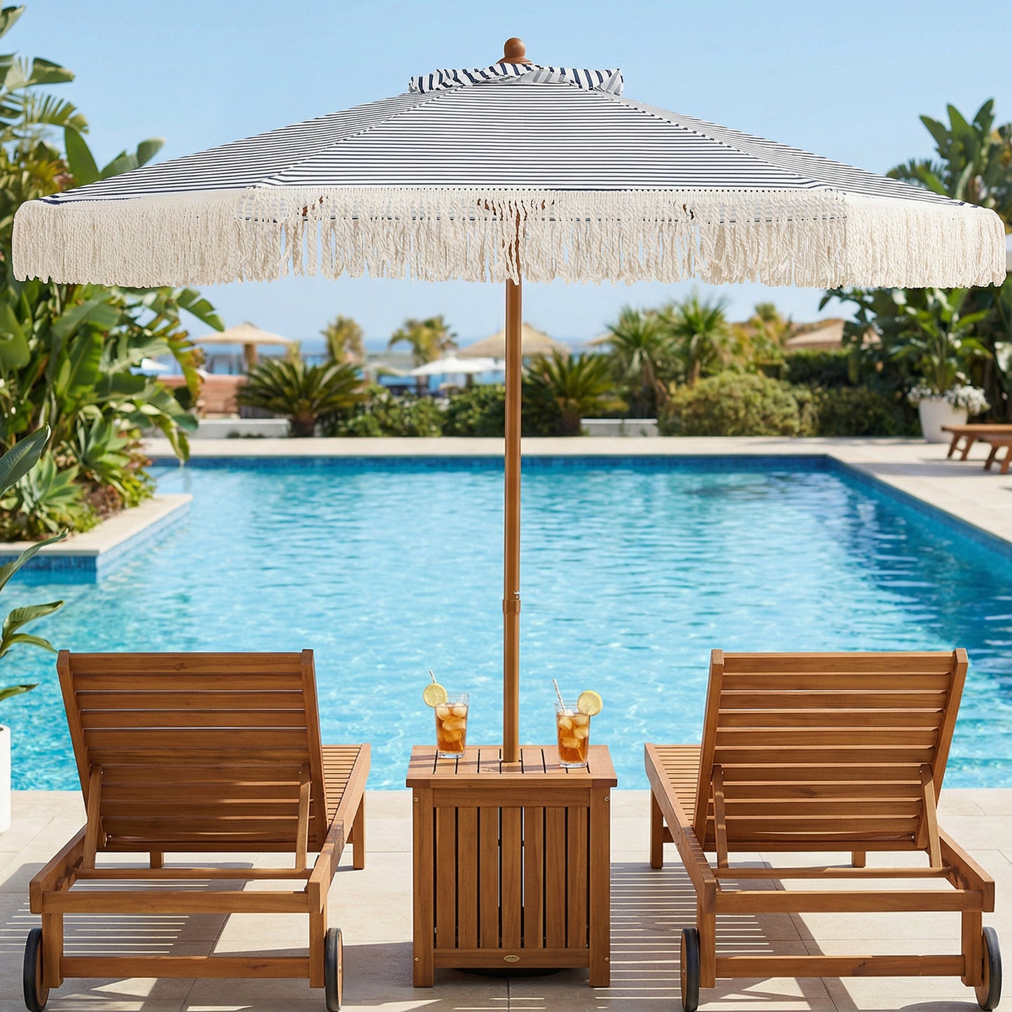 200cm Patio Umbrella with Fringe and Sun-Protective Polyester Canopy for Beach Backyard-Blue