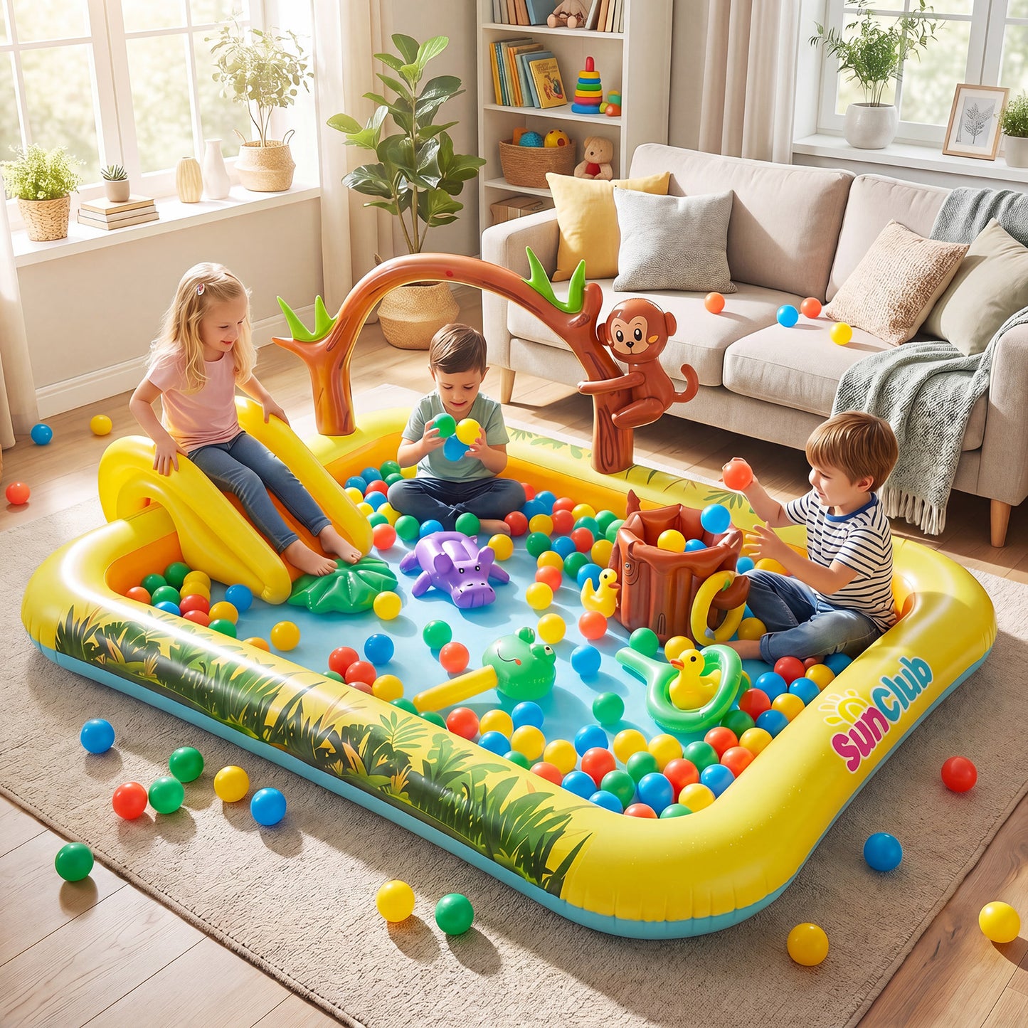 207 x 168 x 77 cm Animal Inflatable Play Center with Slide and Arch-shaped Sprinkle for Children