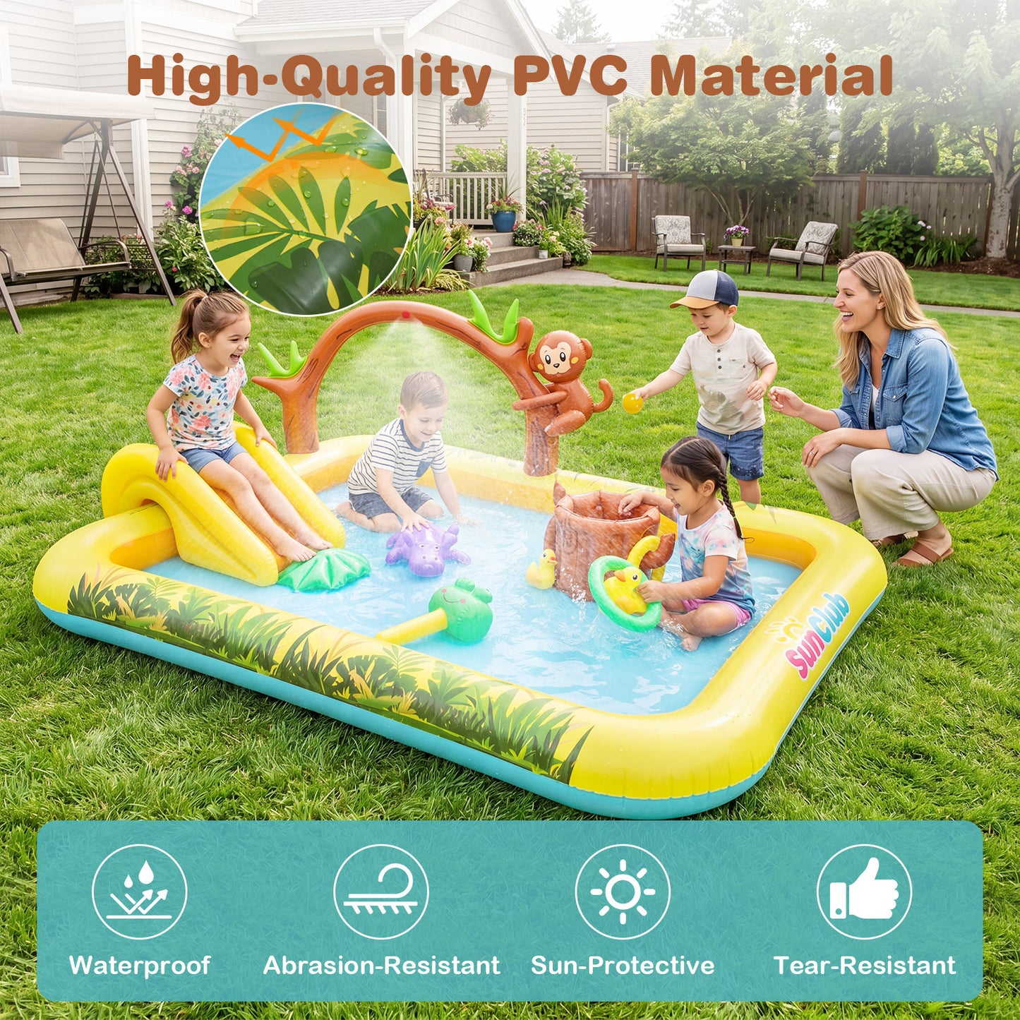 207 x 168 x 77 cm Animal Inflatable Play Center with Slide and Arch-shaped Sprinkle for Children