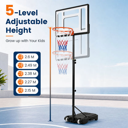 215-260 cm Rim Height Adjustable Basketball Hoop Outdoor with Clear PET Backboard and Wheels for Teens Youth