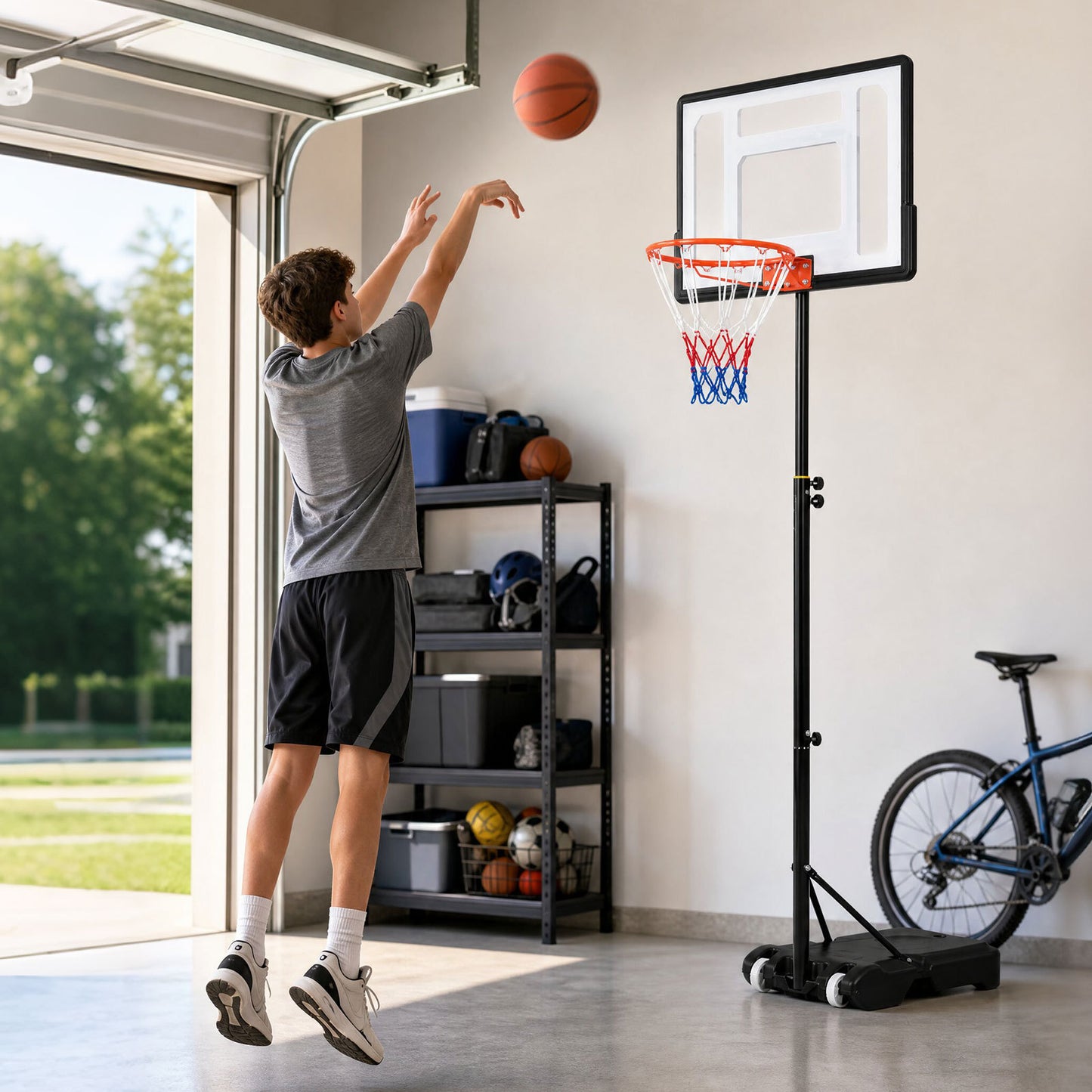 215-260 cm Rim Height Adjustable Basketball Hoop Outdoor with Clear PET Backboard and Wheels for Teens Youth