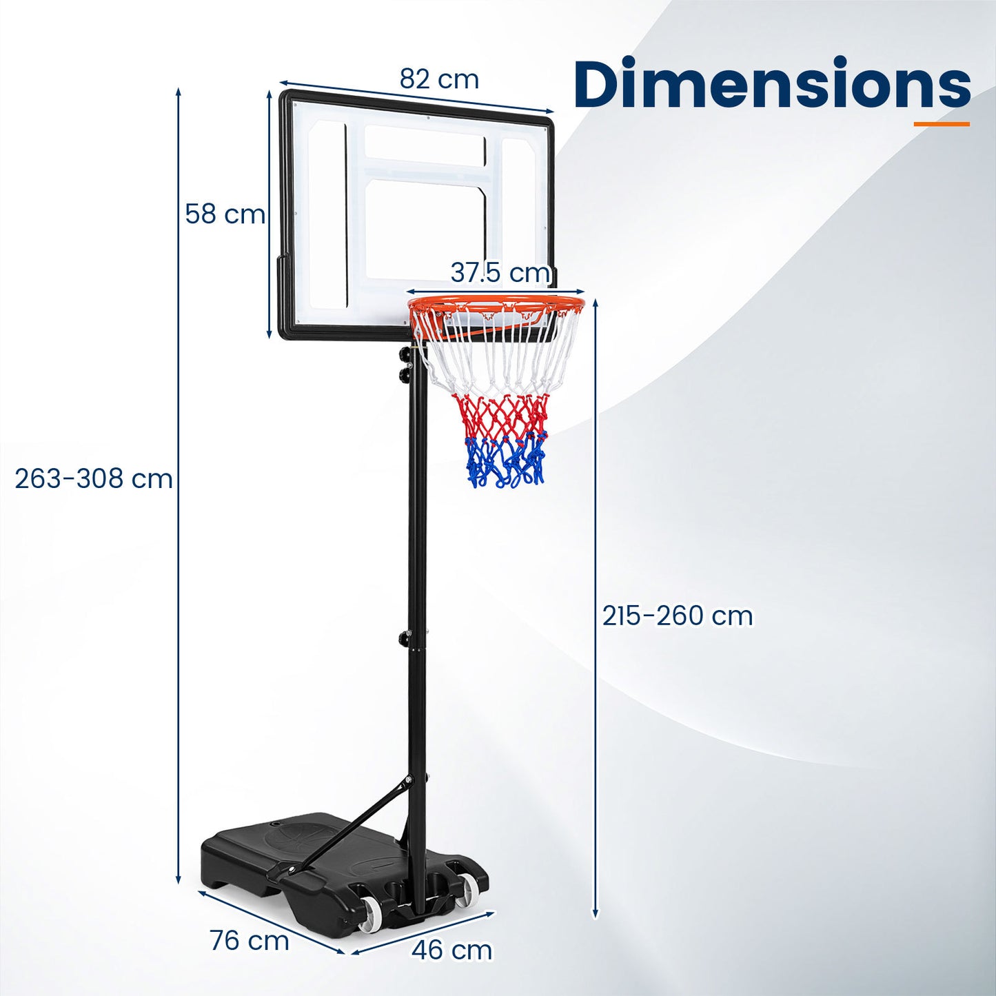 215-260 cm Rim Height Adjustable Basketball Hoop Outdoor with Clear PET Backboard and Wheels for Teens Youth