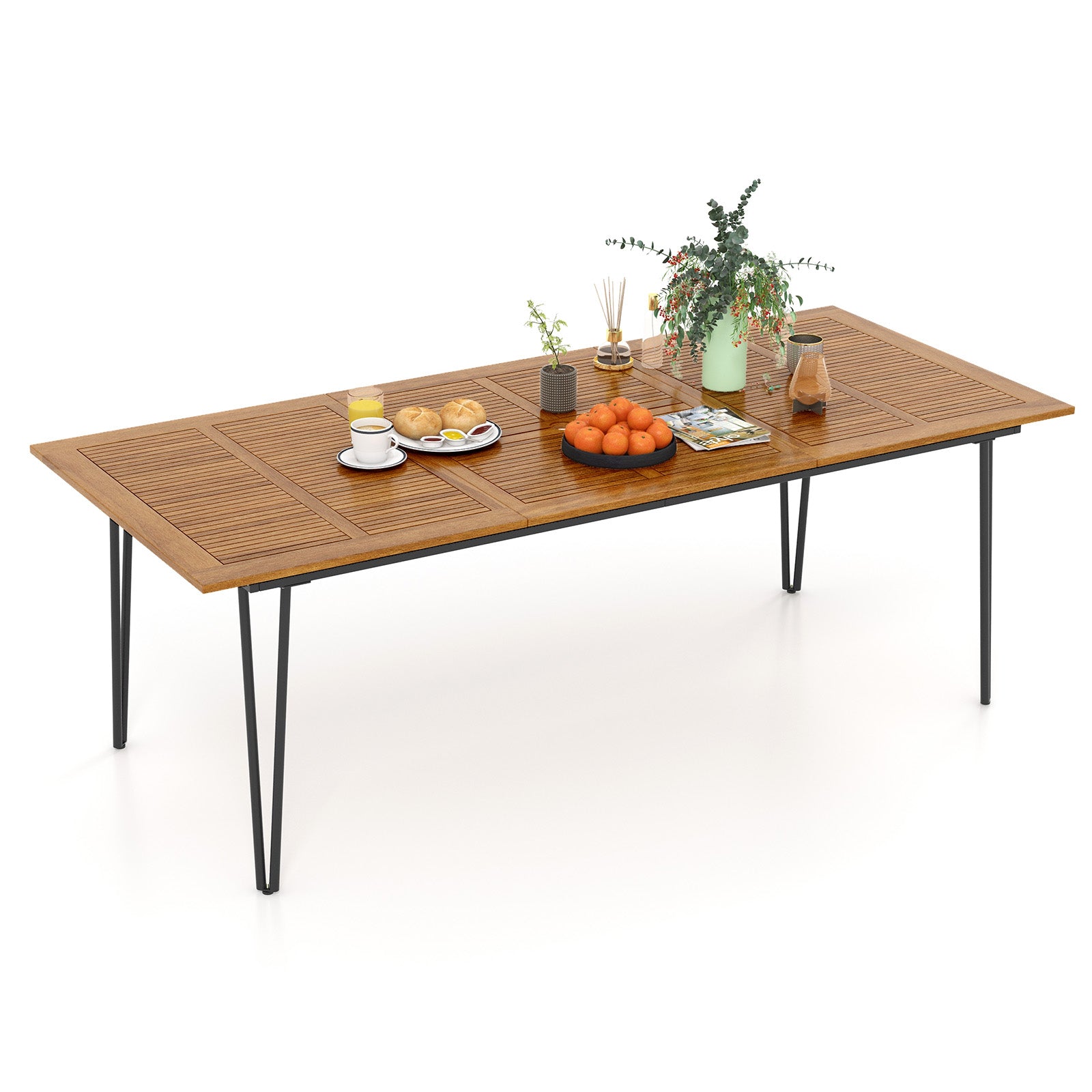 220 x 95cm Patio Dining Table Acacia Wood Tabletop with Umbrella Hole