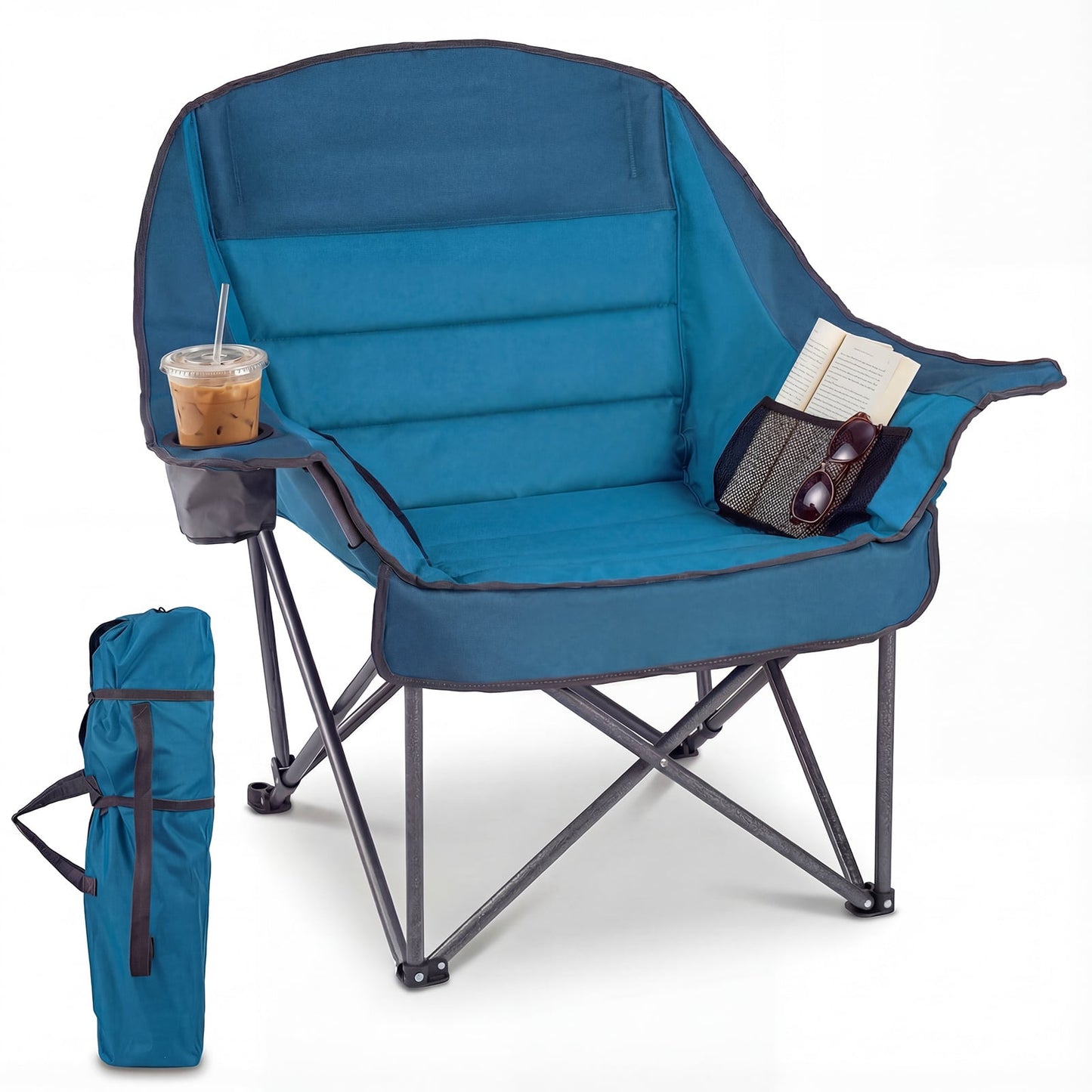 225 KG Heavy-Duty Metal Folding Upholstered Oxford Chair with Side Pockets and Cup Holder-Blue