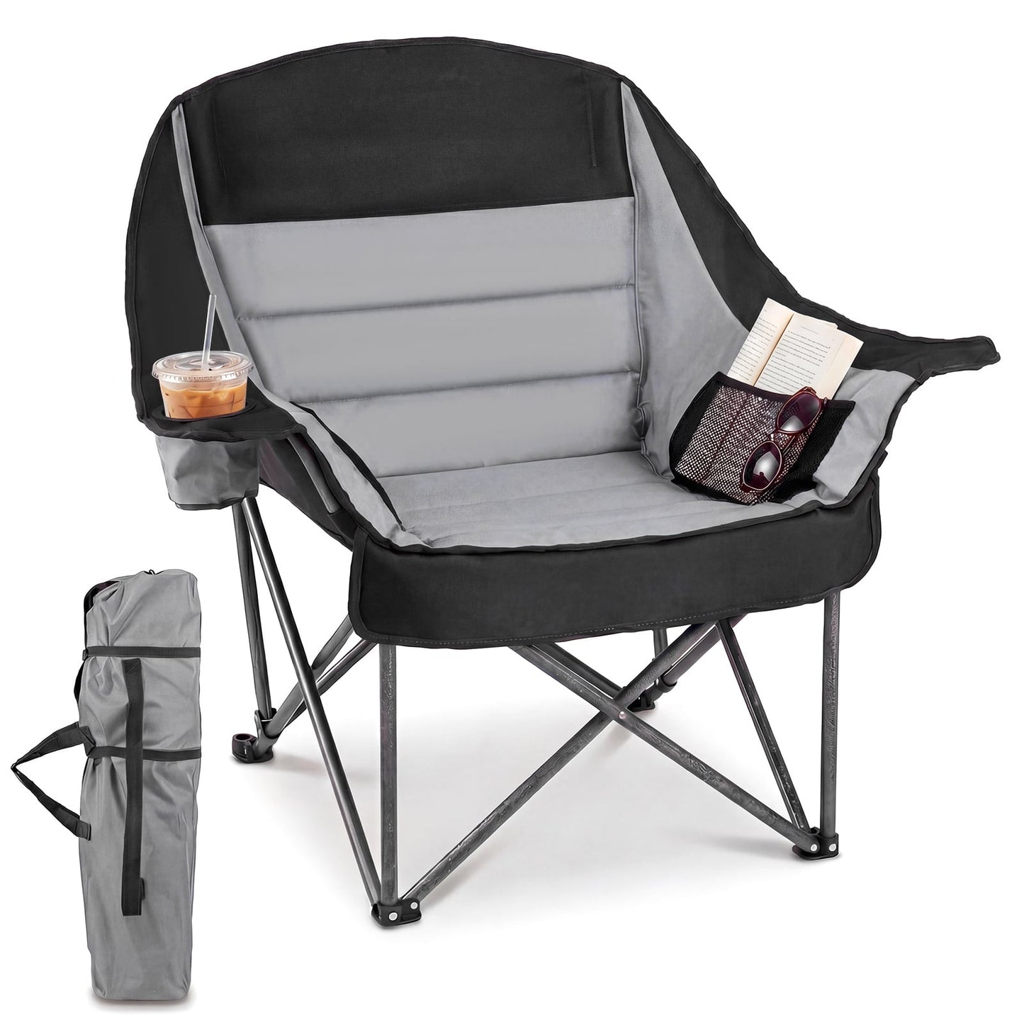 225 KG Heavy-Duty Metal Folding Upholstered Oxford Chair with Side Pockets and Cup Holder-Grey