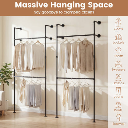 227CM Industrial Pipe Clothing Rack Wall Mounted Heavy-Duty Metal Garment Organizer-Black