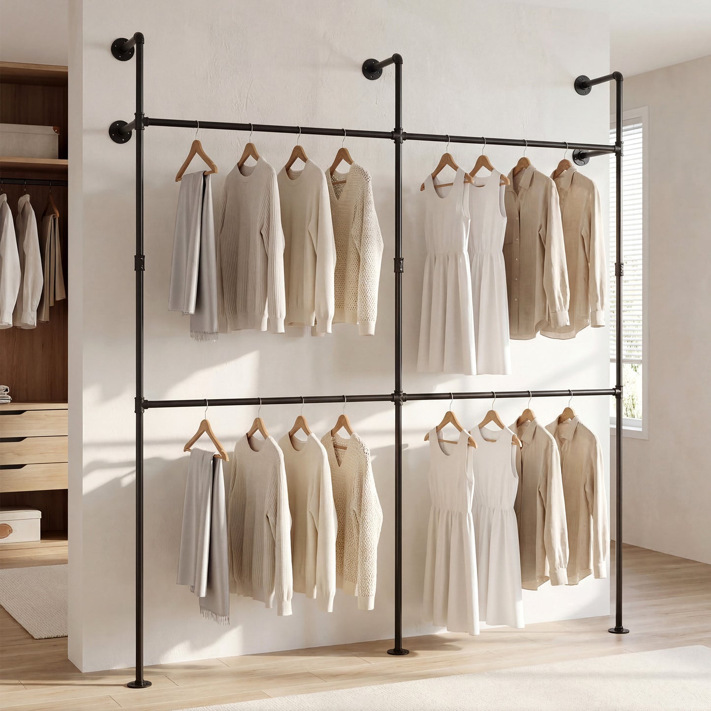 227CM Industrial Pipe Clothing Rack Wall Mounted Metal Garment Organizer-Black