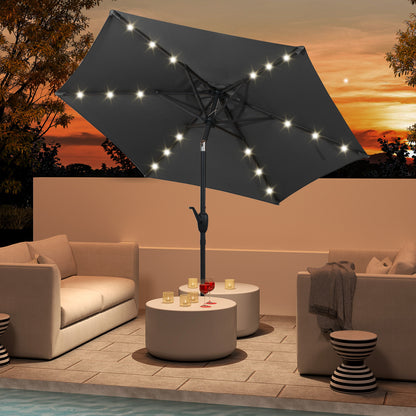 230 cm Solar Powered Patio Umbrella with LED Lights Push Button Tilt and Crank Handle-Grey