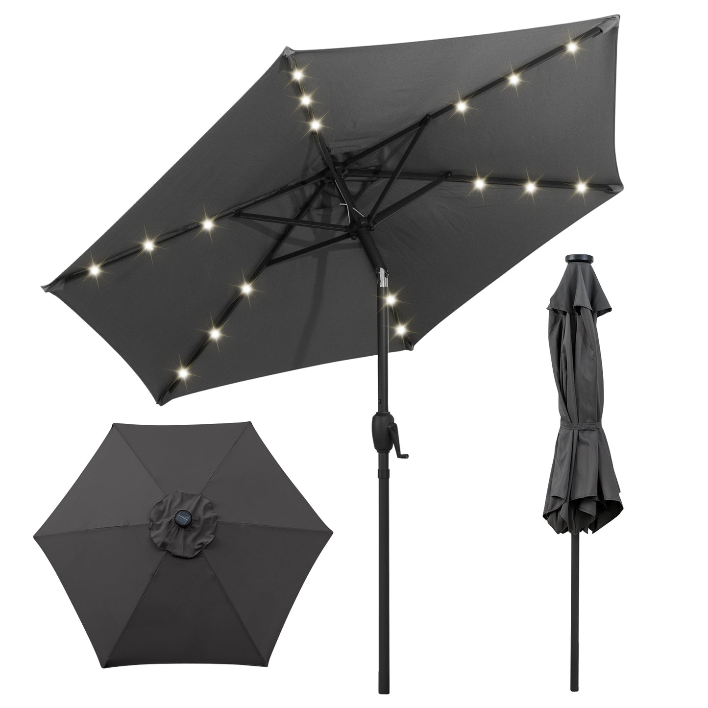230 cm Solar Powered Patio Umbrella with LED Lights Push Button Tilt and Crank Handle-Grey
