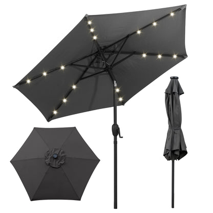 230 cm Solar Powered Patio Umbrella with LED Lights Push Button Tilt and Crank Handle-Grey