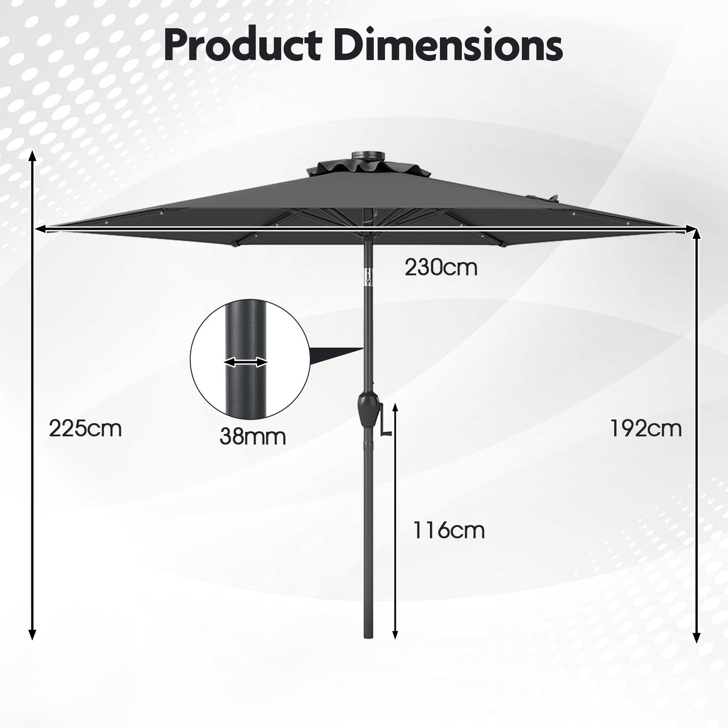 230 cm Solar Powered Patio Umbrella with LED Lights Push Button Tilt and Crank Handle-Grey