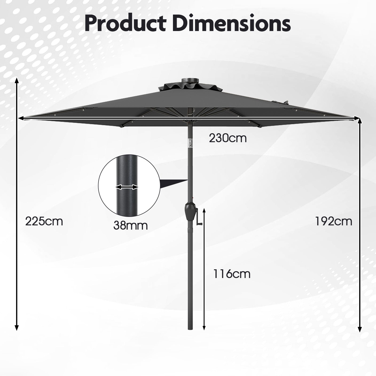 230 cm Solar Powered Patio Umbrella with LED Lights Push Button Tilt and Crank Handle-Grey