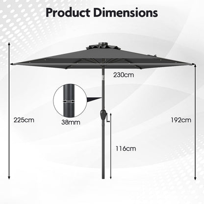 230 cm Solar Powered Patio Umbrella with LED Lights Push Button Tilt and Crank Handle-Grey