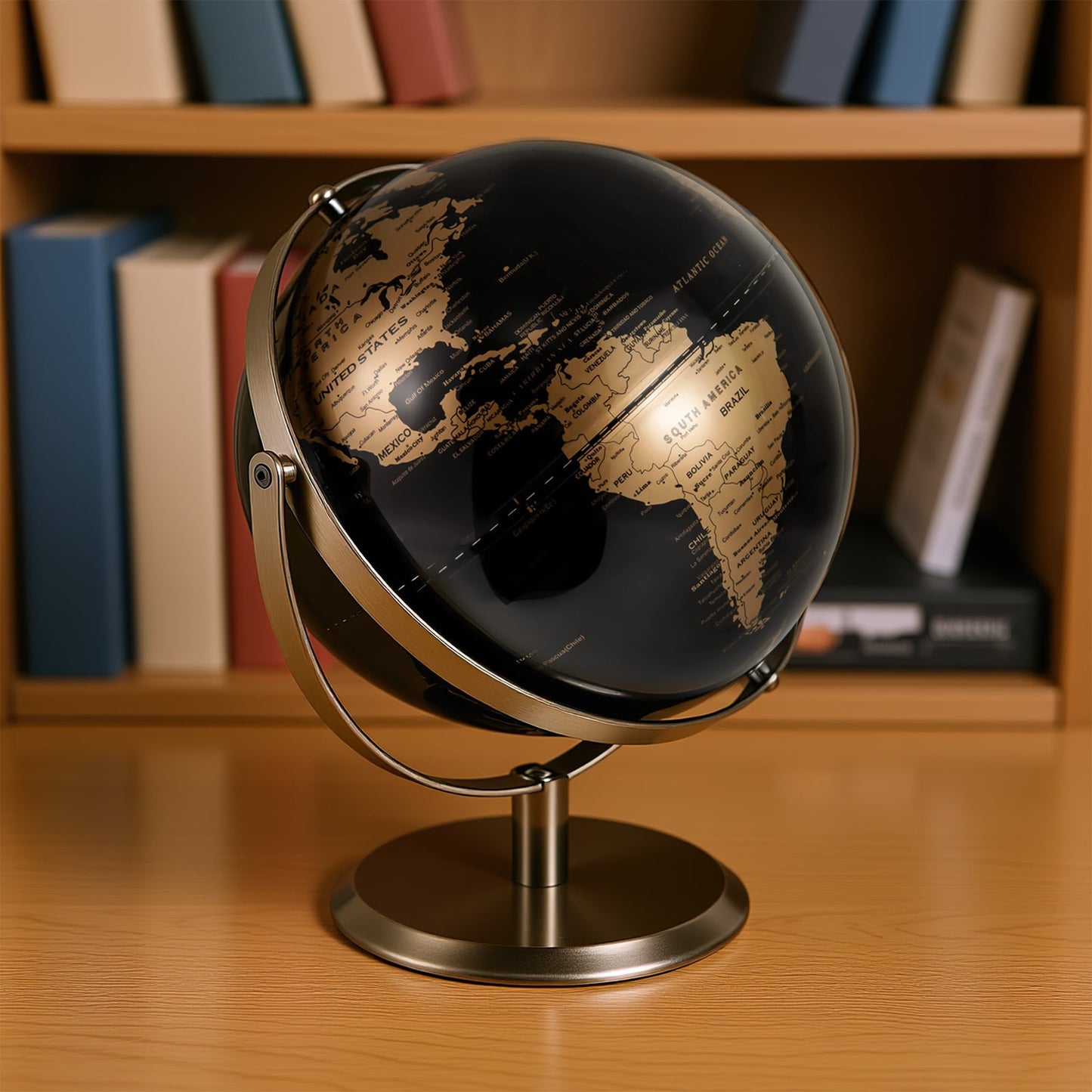 23CM Metallic Black World Globe with Metal Stand-Golden