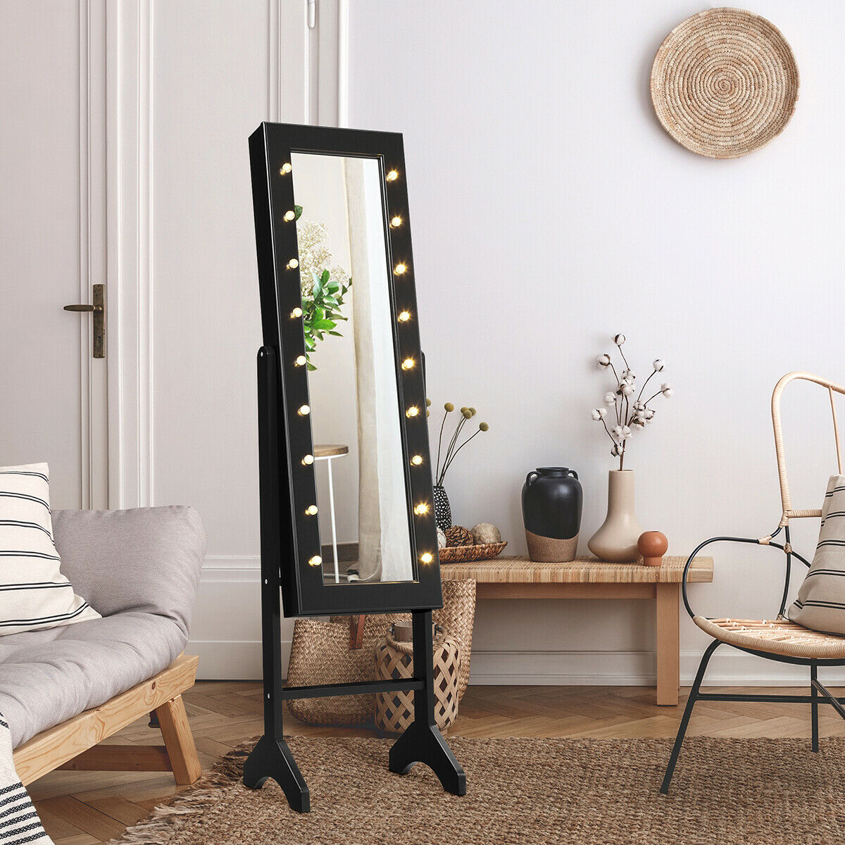 Standing Jewellery Organiser Cabinet with Adjustable Mirror 18 LEDs-Black