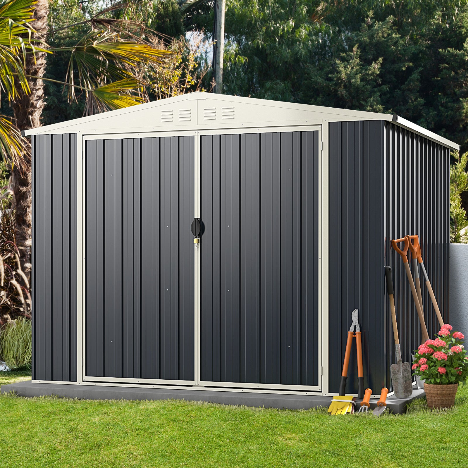 246 x 193 CM Metal Outdoor Storage Shed with Snap-on Structures-Grey