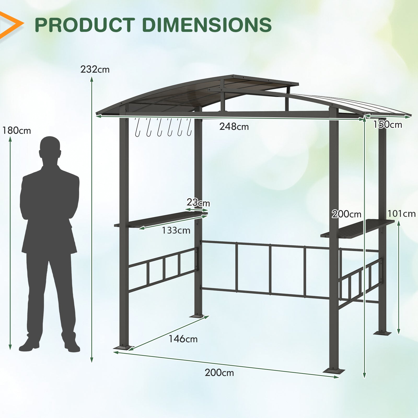 248 x 150 cm Hardtop Grill Gazebo with Vented Roof and Side Shelves-Black