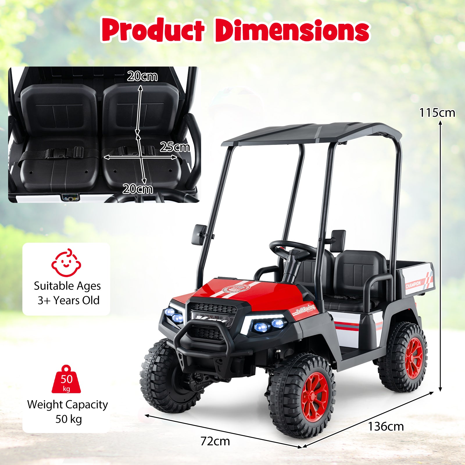 24V Kids Golf Cart 4WD 2 Seater Ride on Car with Dump Bed-Red