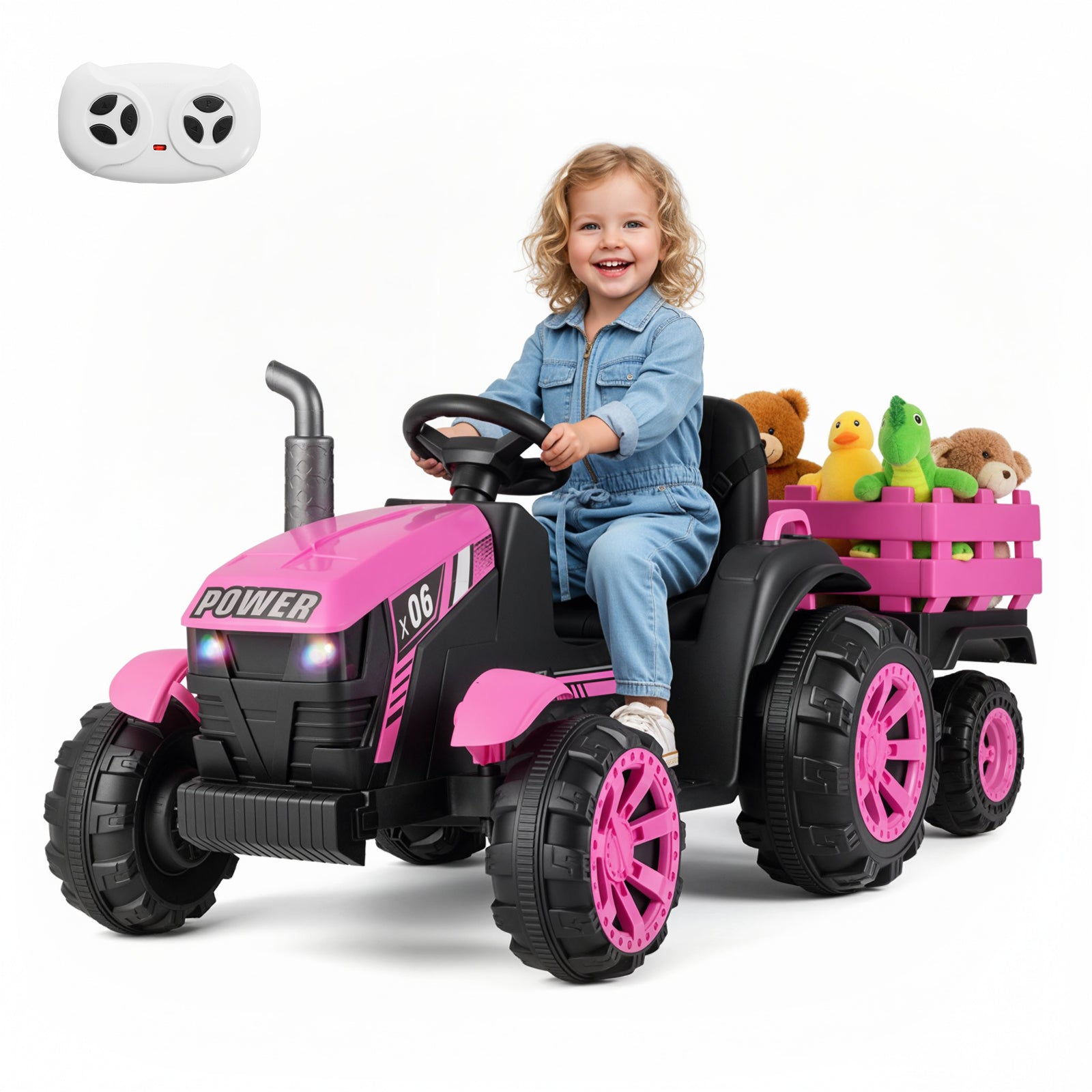 24V Ride On Tractor with RGB LED Headlights and Parent Remote Control-Pink