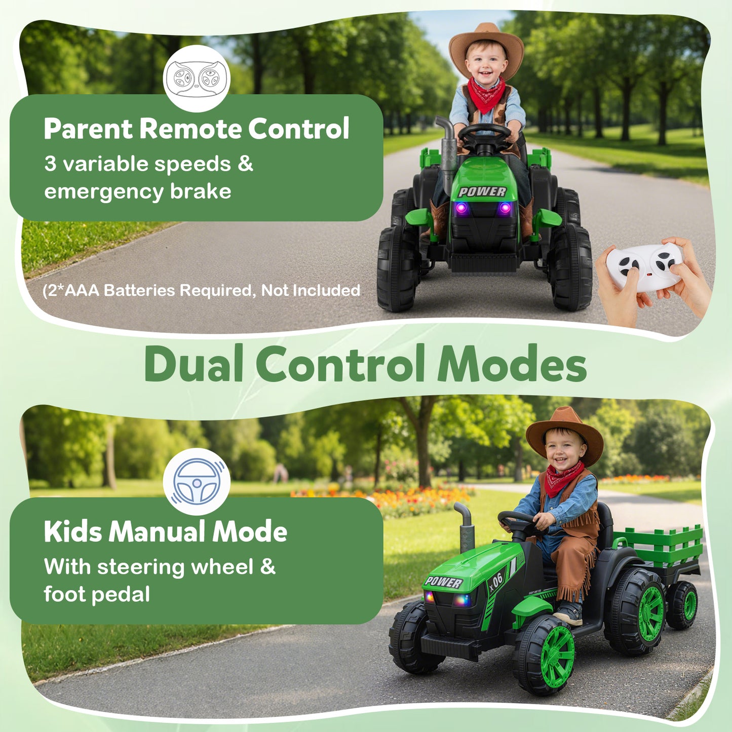 24V Ride On Tractor with RGB LED Headlights and Parent Remote Control-Green