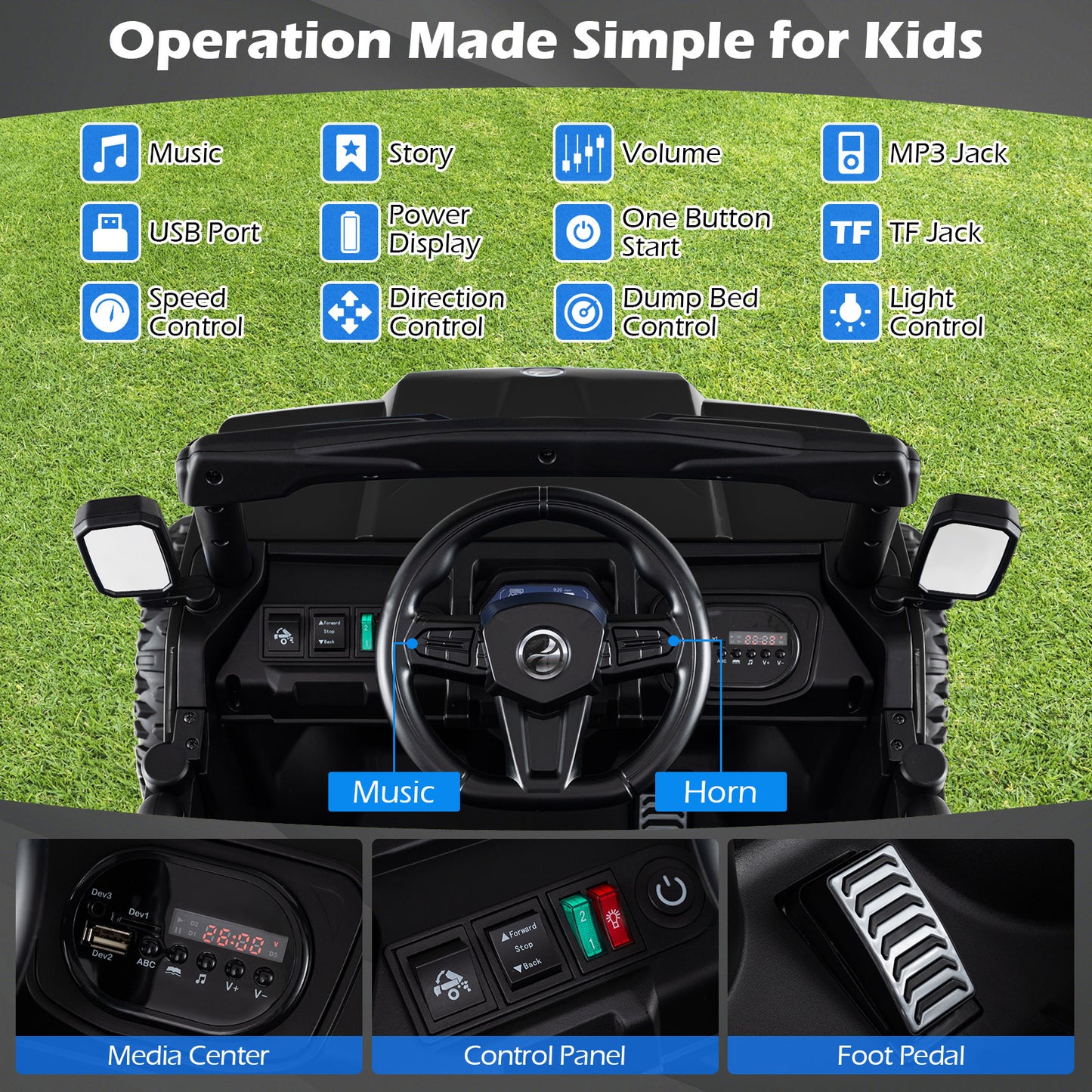 24V Ride on Dump Truck with Electric Dump Bed 4WD with Remote and Music-Black